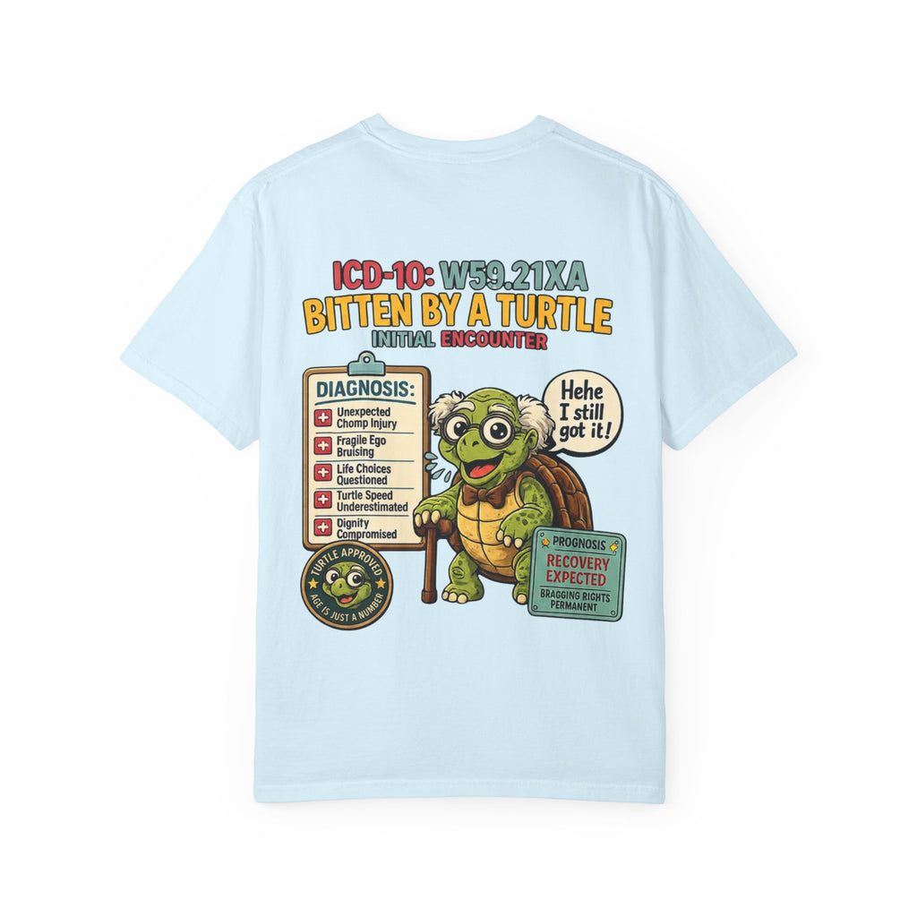 T-Shirt — 'Elopement Risk' Front & 'Bitten by a Turtle' Novelty Graphic Tee