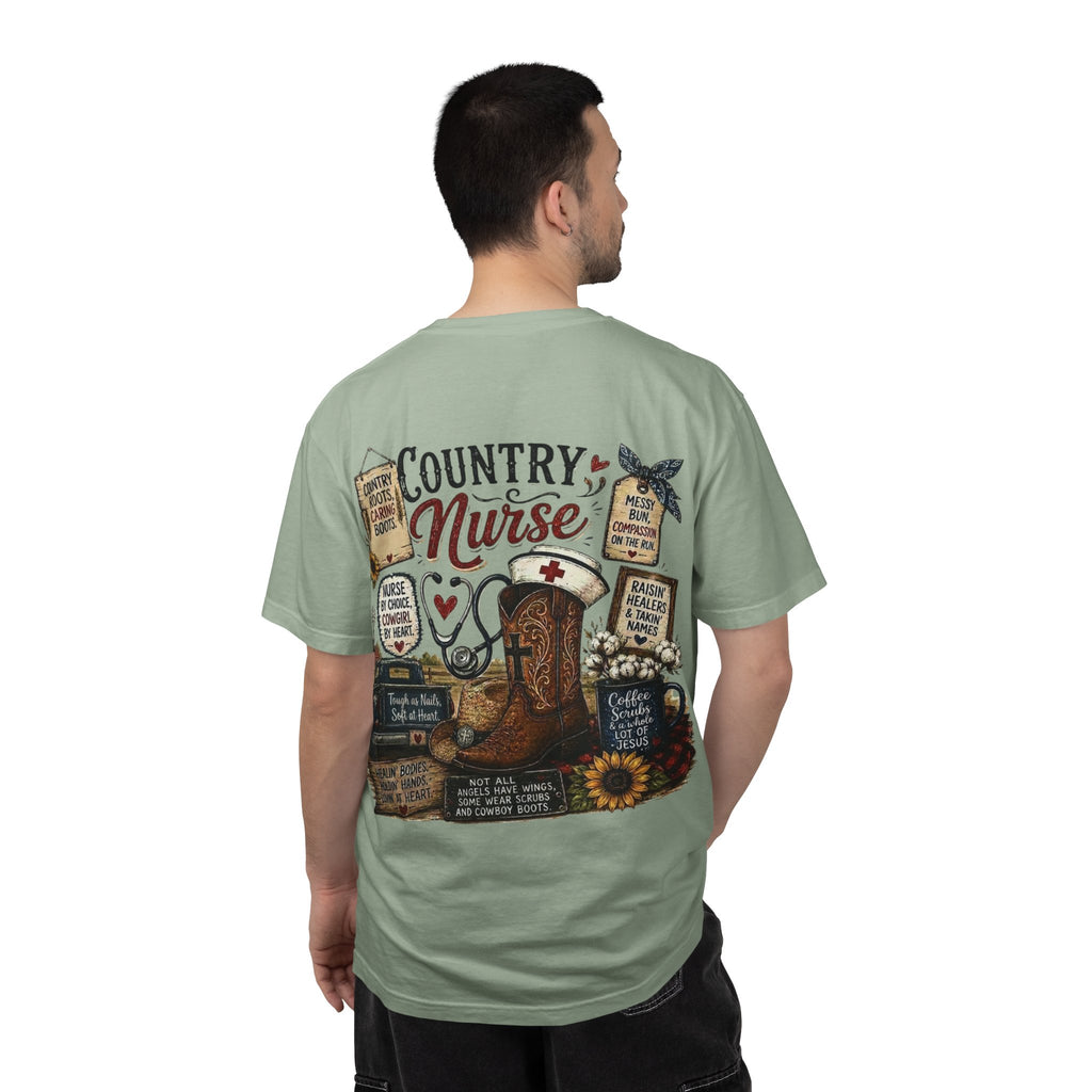 Country Nurse T-Shirt — Rustic Nursing Shirt with 'Elopement Risk' Pocket Badge