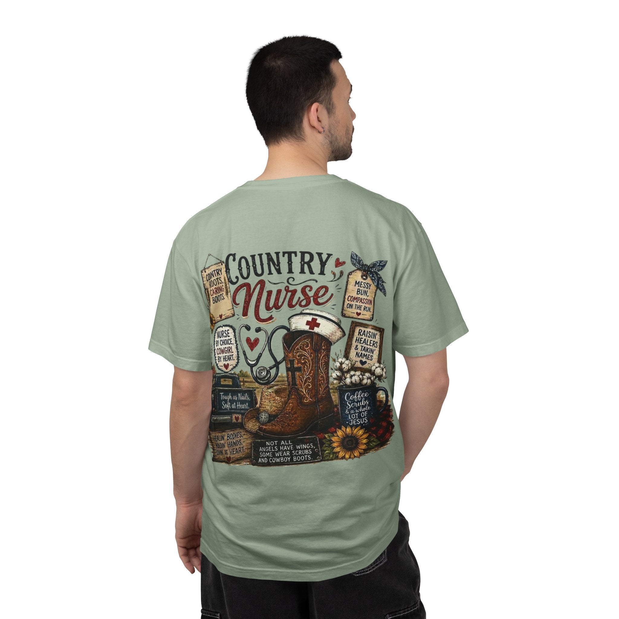 Country Nurse T-Shirt — Rustic Nursing Shirt with 'Elopement Risk' Pocket Badge
