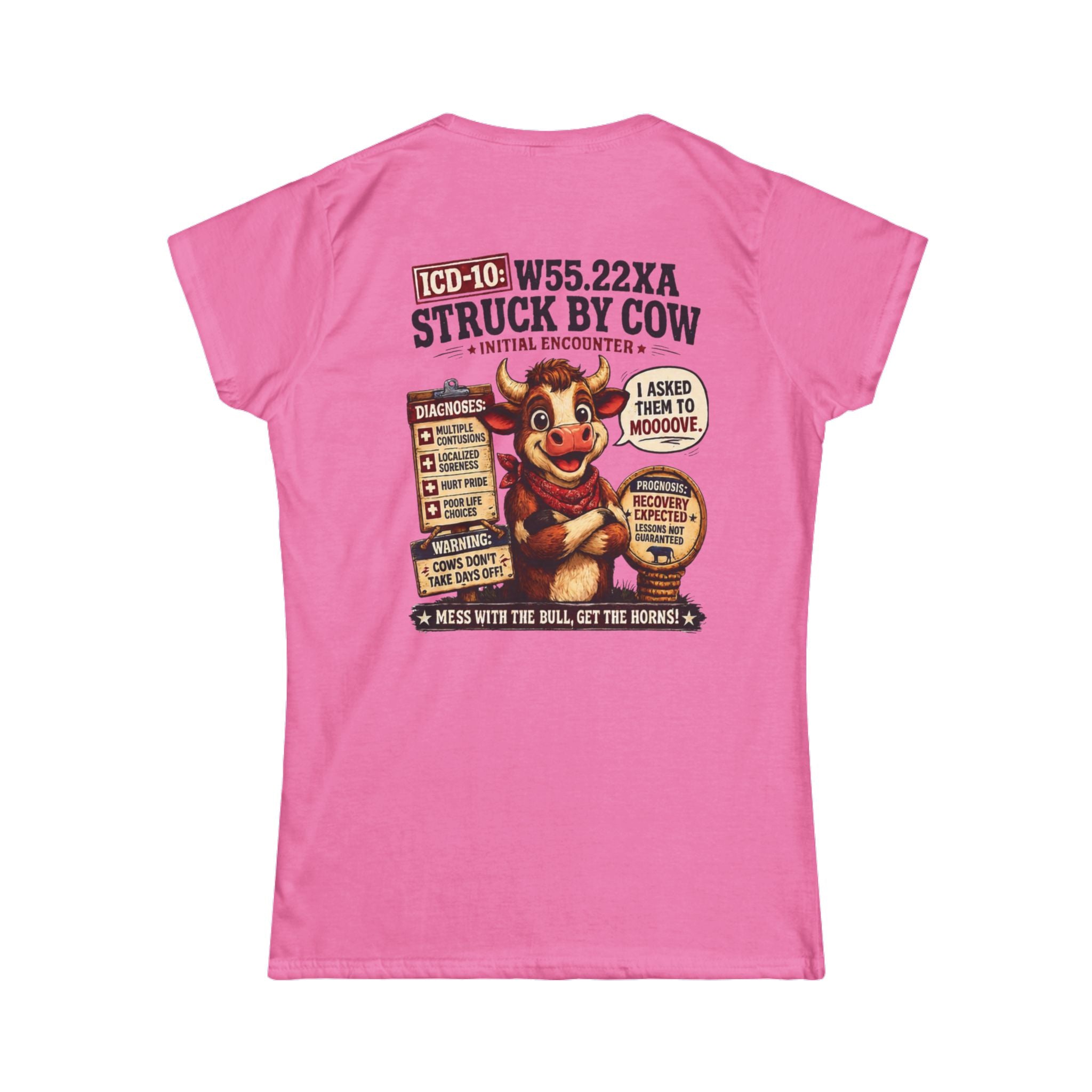 Women's Tee — "Elopement Risk" Struck By Cow Funny Nursing/Medical Humor Shirt