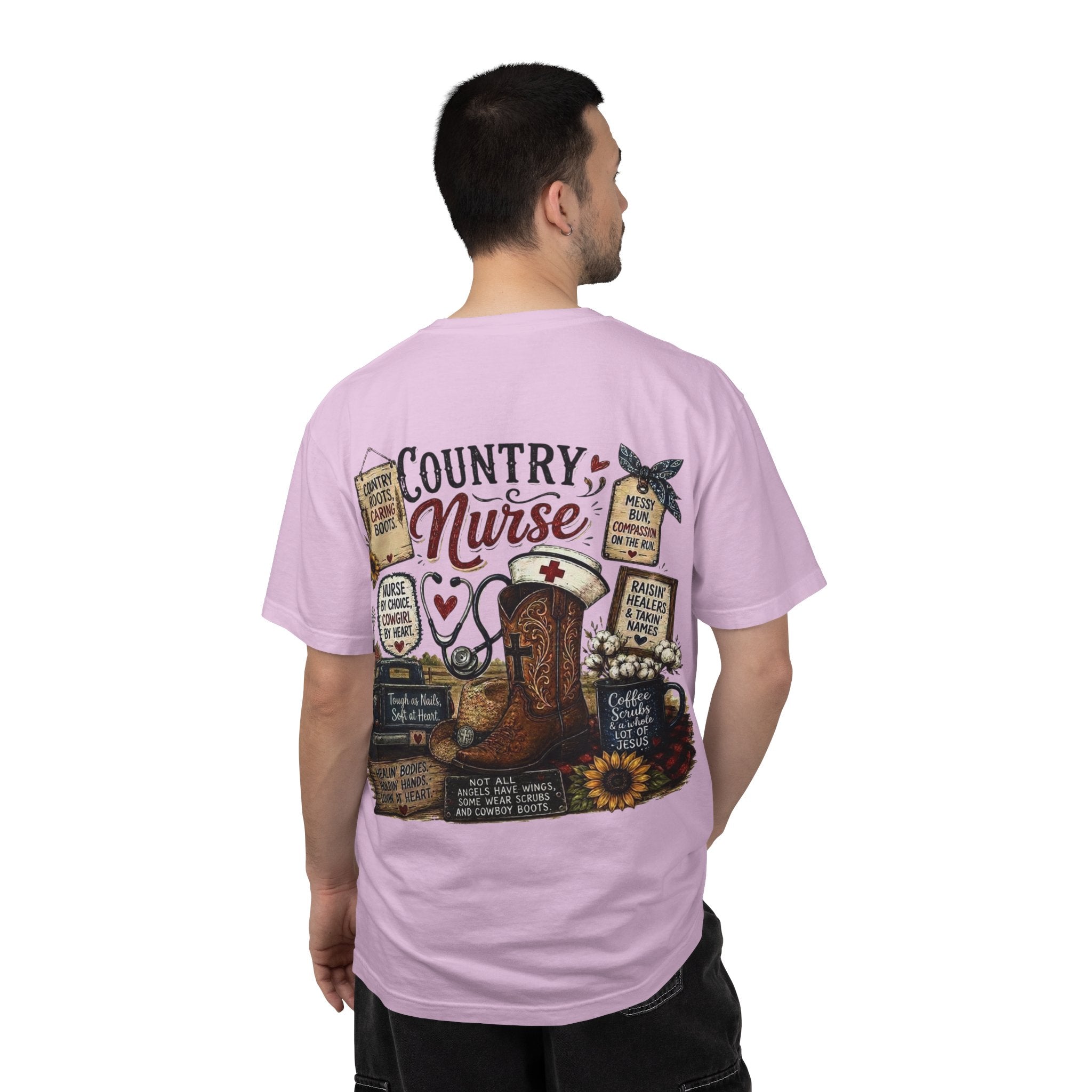 Country Nurse T-Shirt — Rustic Nursing Shirt with 'Elopement Risk' Pocket Badge