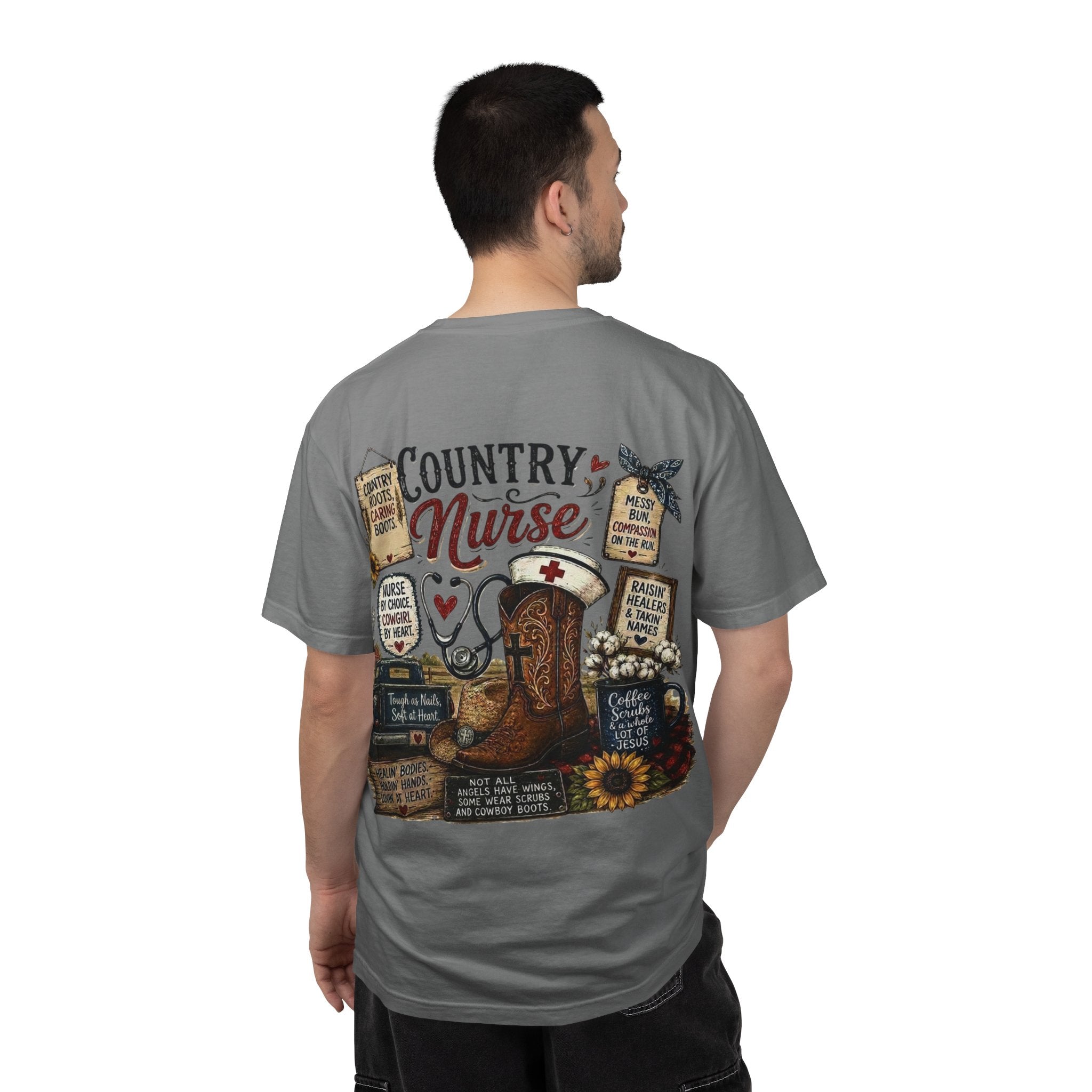Country Nurse T-Shirt — Rustic Nursing Shirt with 'Elopement Risk' Pocket Badge