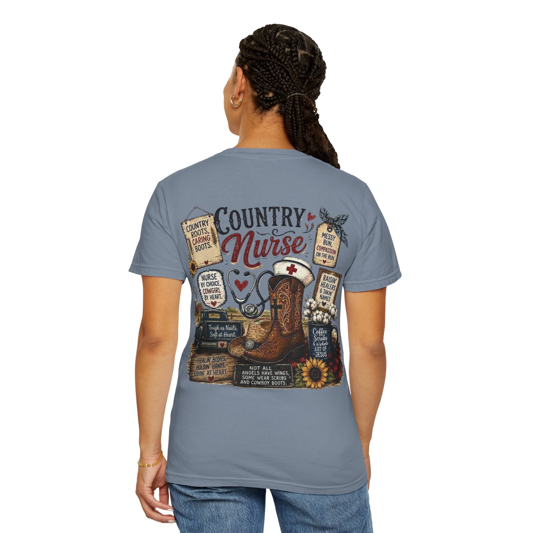 Country Nurse T-Shirt — Rustic Nursing Shirt with 'Elopement Risk' Pocket Badge