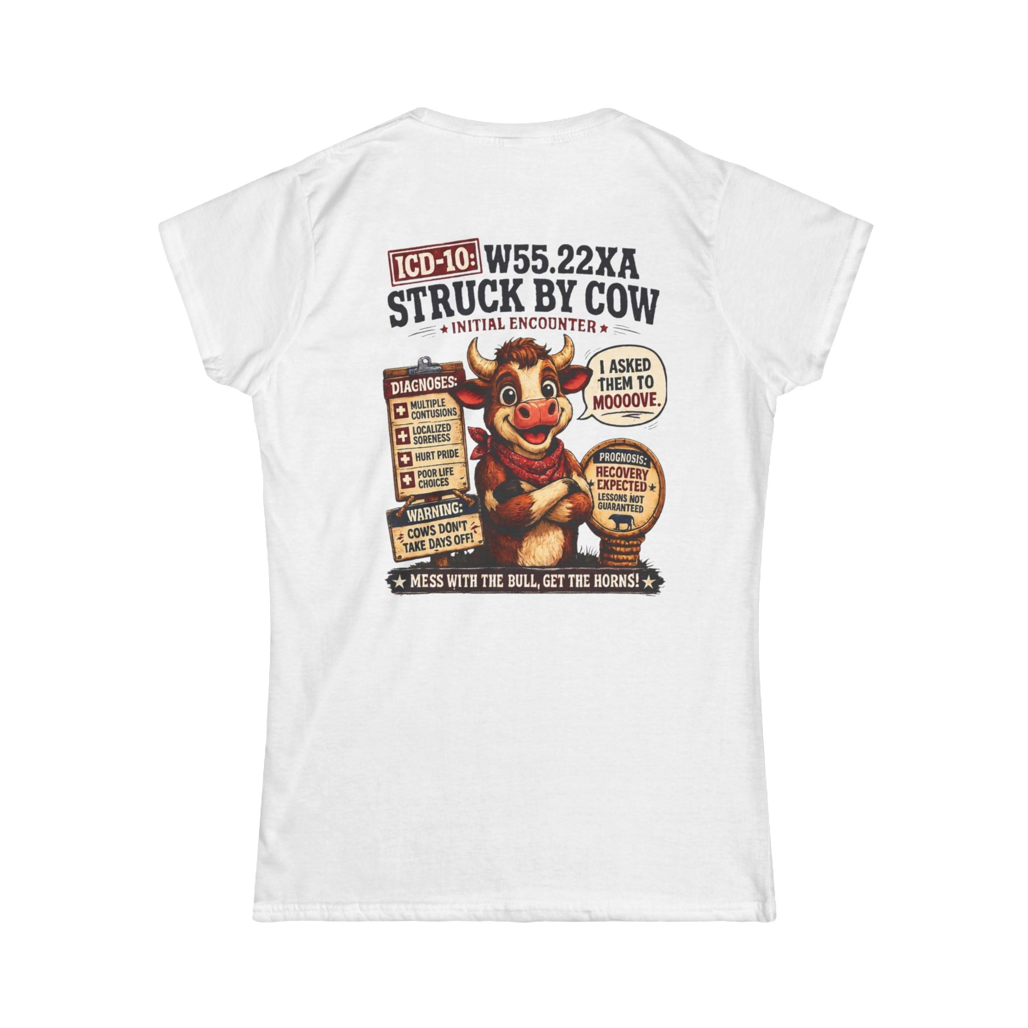 Women's Tee — "Elopement Risk" Struck By Cow Funny Nursing/Medical Humor Shirt