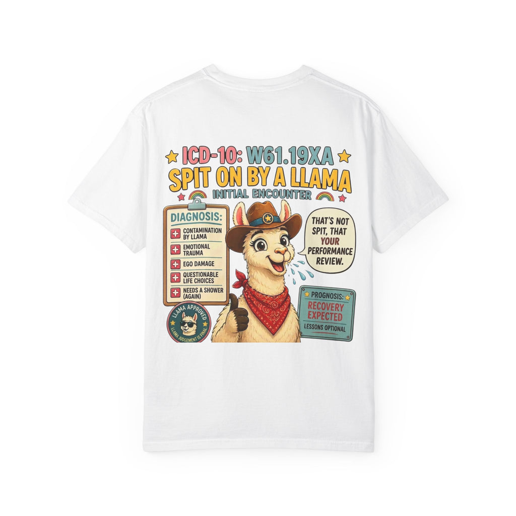 T-Shirt — Funny 'Spit On By A Llama' Novelty Tee (Elopement Risk Chest Logo)