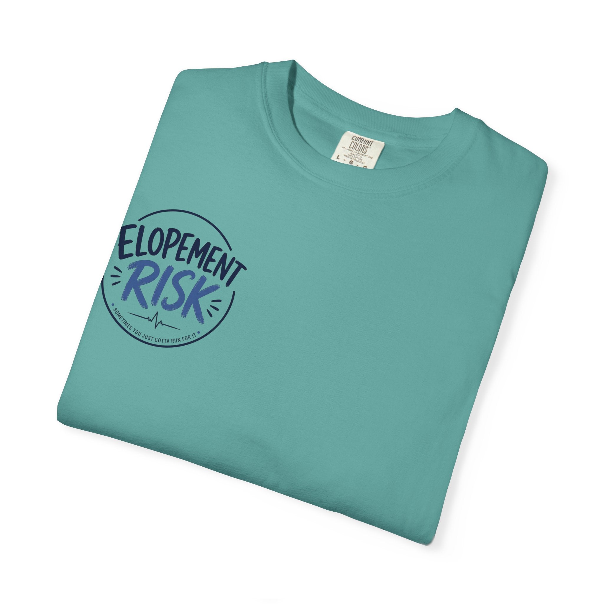 T-Shirt — Funny 'Spit On By A Llama' Novelty Tee (Elopement Risk Chest Logo)