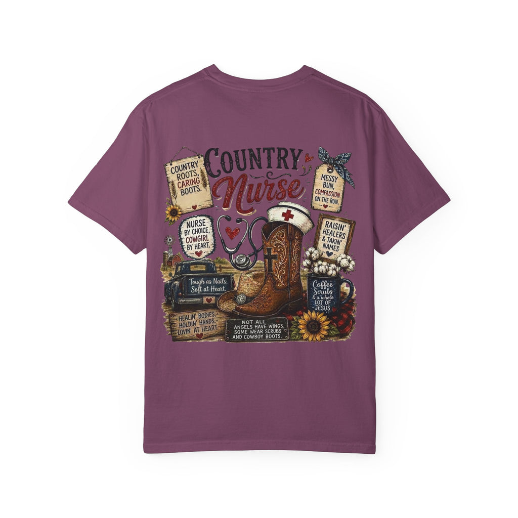 Country Nurse T-Shirt — Rustic Nursing Shirt with 'Elopement Risk' Pocket Badge