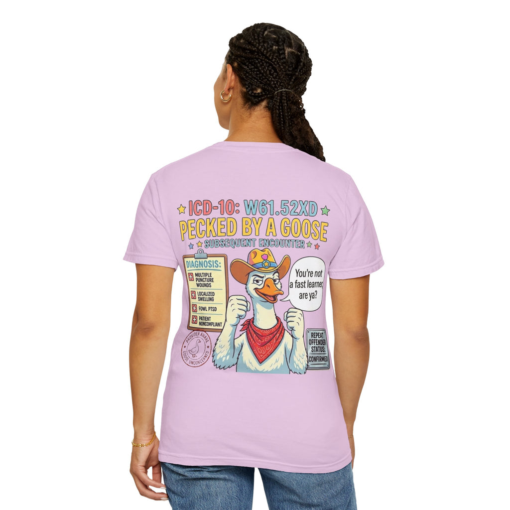 T-Shirt — “Elopement Risk / Pecked By A Goose” Funny Novelty Tee
