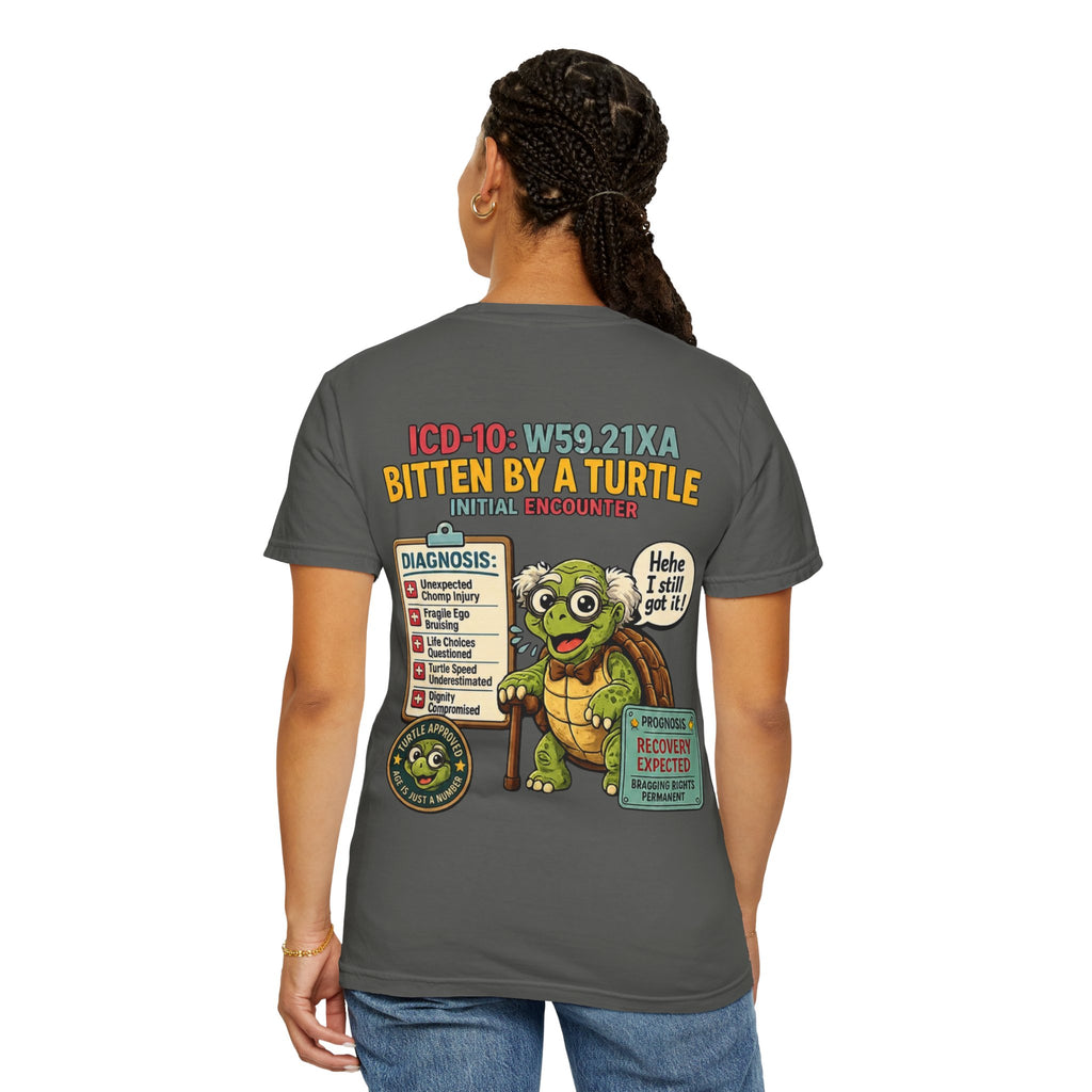 T-Shirt — 'Elopement Risk' Front & 'Bitten by a Turtle' Novelty Graphic Tee
