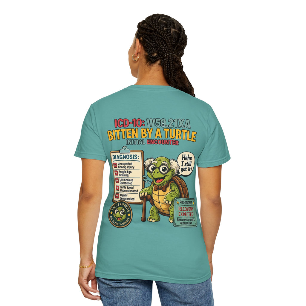 T-Shirt — 'Elopement Risk' Front & 'Bitten by a Turtle' Novelty Graphic Tee