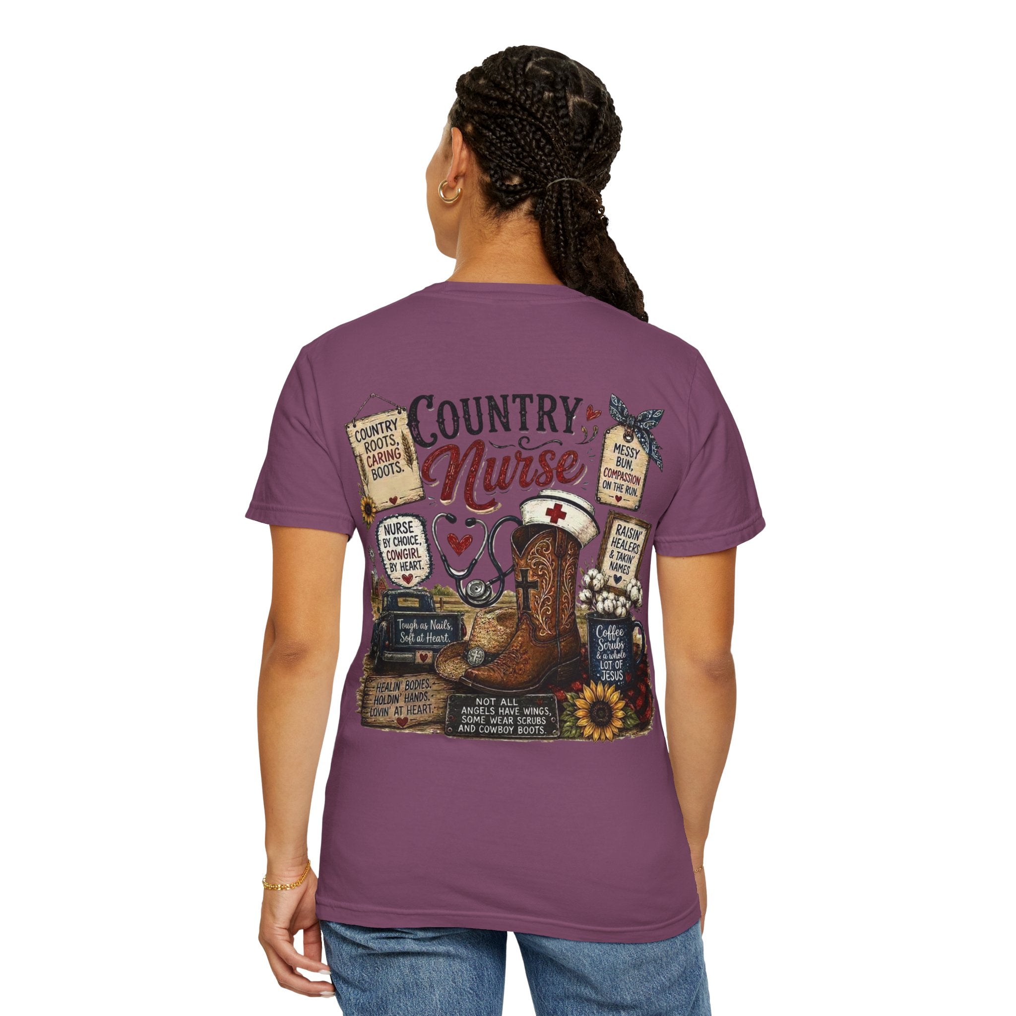 Country Nurse T-Shirt — Rustic Nursing Shirt with 'Elopement Risk' Pocket Badge