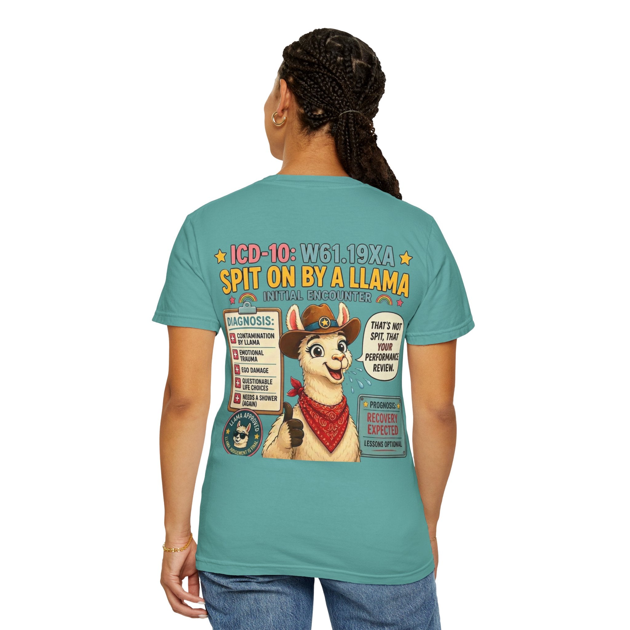 T-Shirt — Funny 'Spit On By A Llama' Novelty Tee (Elopement Risk Chest Logo)