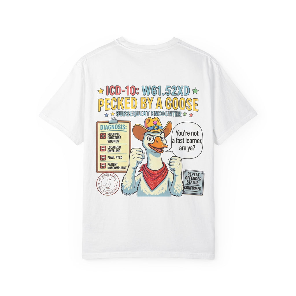 T-Shirt — “Elopement Risk / Pecked By A Goose” Funny Novelty Tee