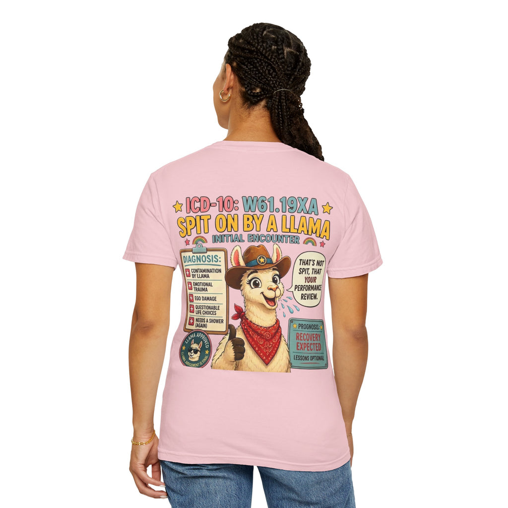 T-Shirt — Funny 'Spit On By A Llama' Novelty Tee (Elopement Risk Chest Logo)