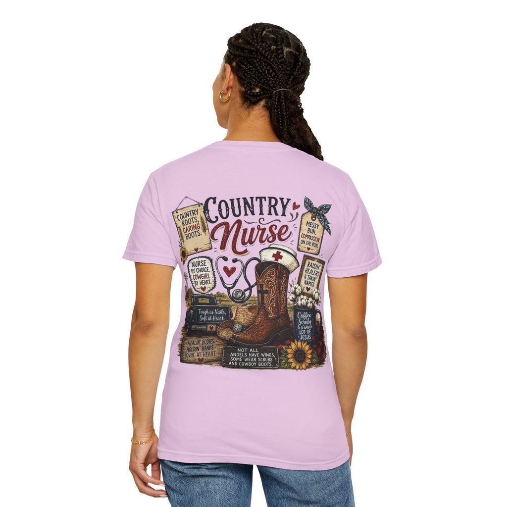 Country Nurse T-Shirt — Rustic Nursing Shirt with 'Elopement Risk' Pocket Badge