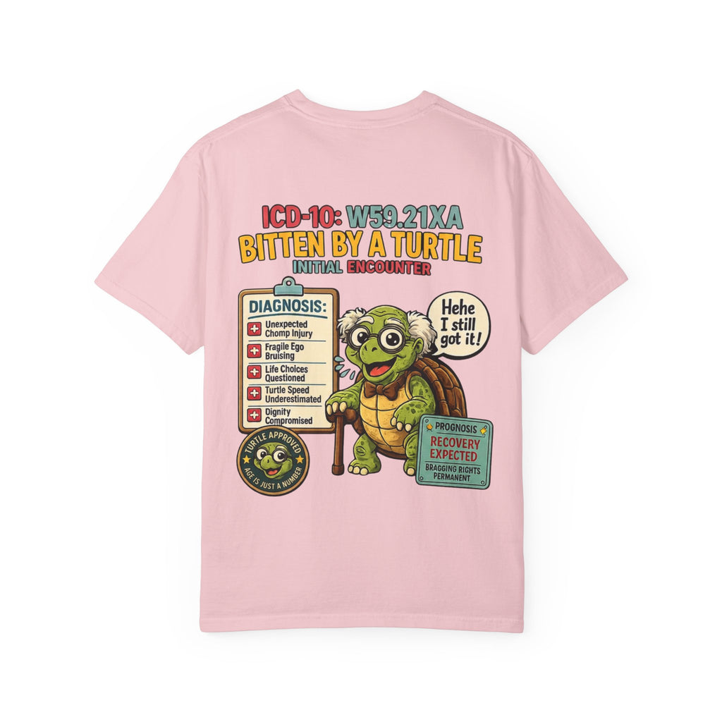 T-Shirt — 'Elopement Risk' Front & 'Bitten by a Turtle' Novelty Graphic Tee