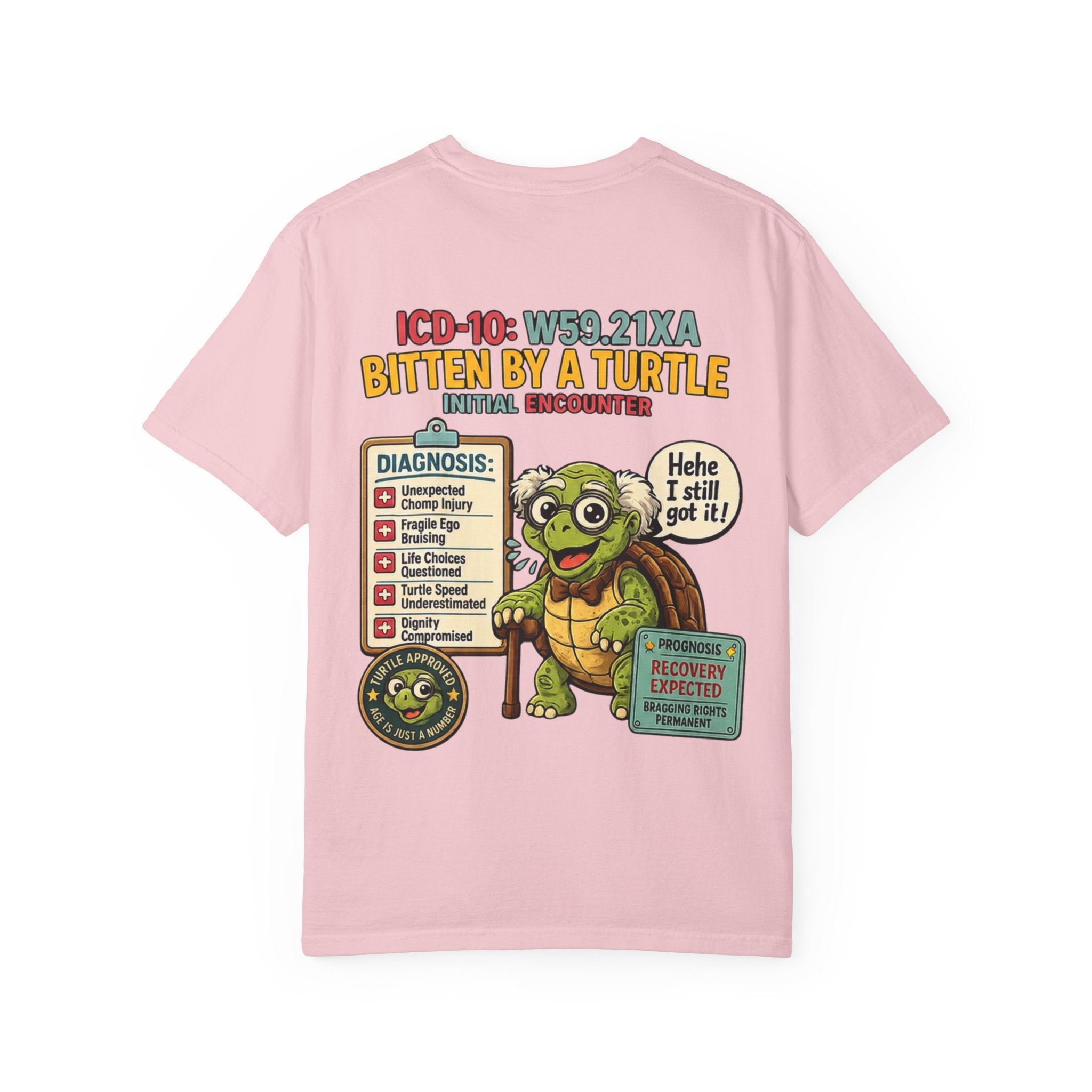 T-Shirt — 'Elopement Risk' Front & 'Bitten by a Turtle' Novelty Graphic Tee