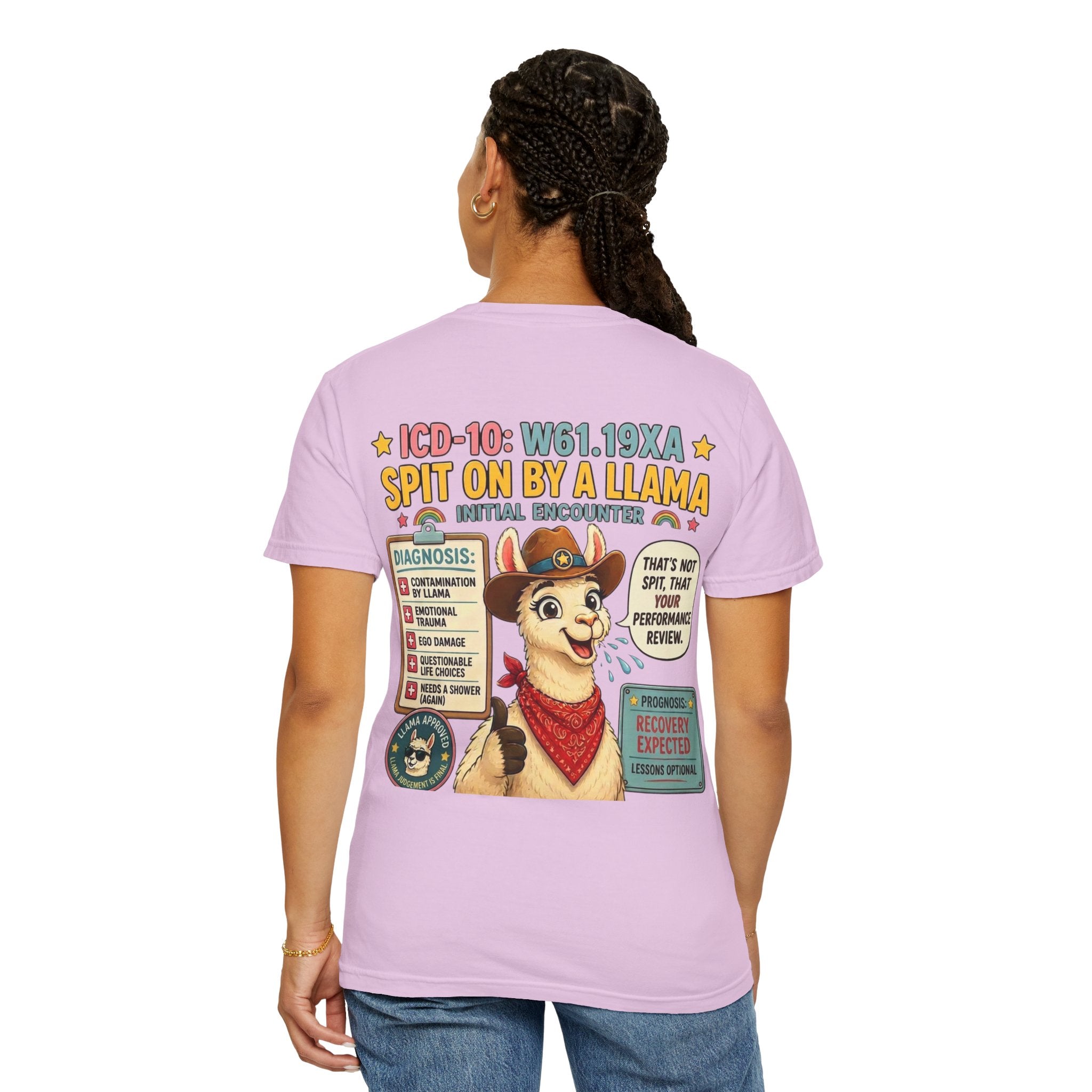 T-Shirt — Funny 'Spit On By A Llama' Novelty Tee (Elopement Risk Chest Logo)