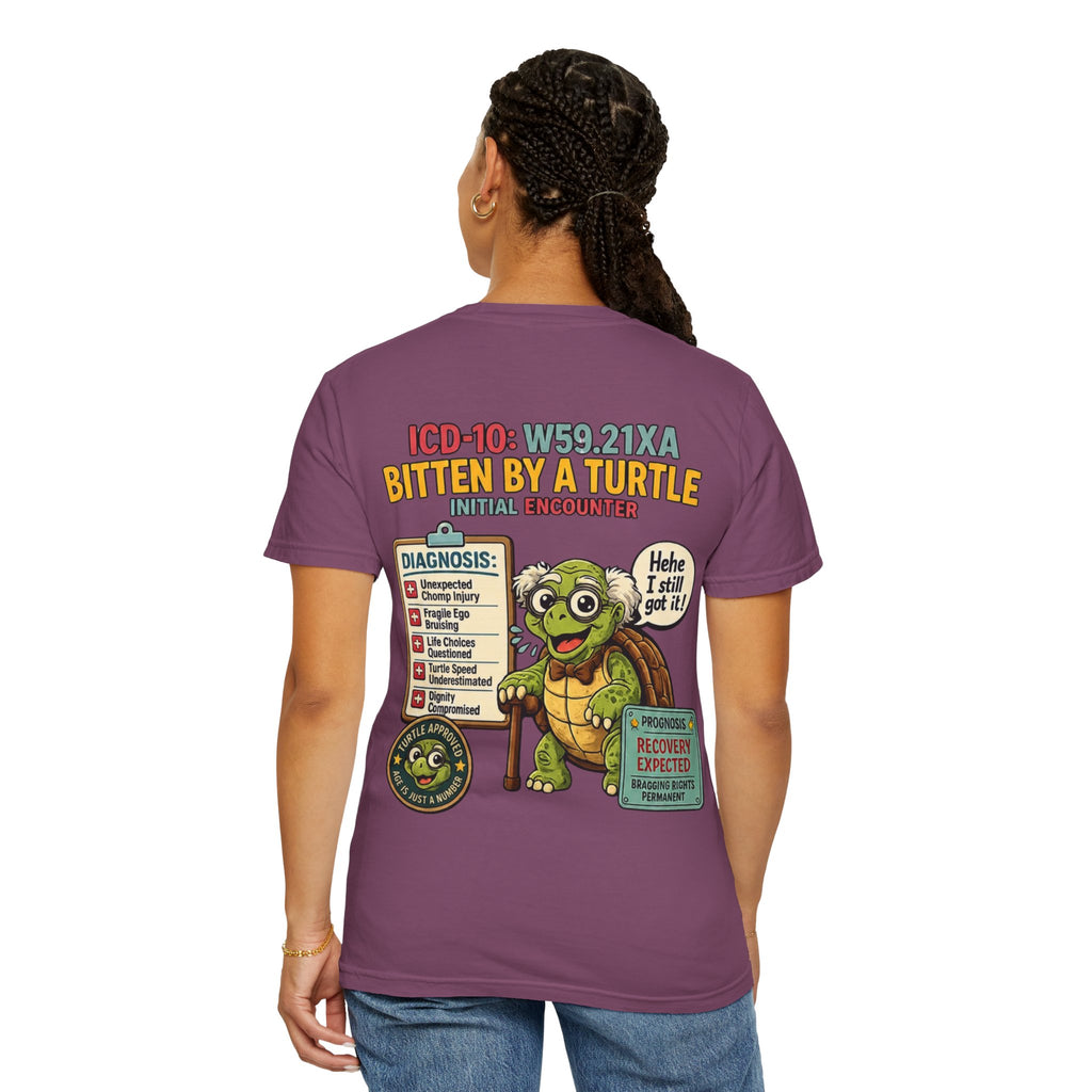 T-Shirt — 'Elopement Risk' Front & 'Bitten by a Turtle' Novelty Graphic Tee
