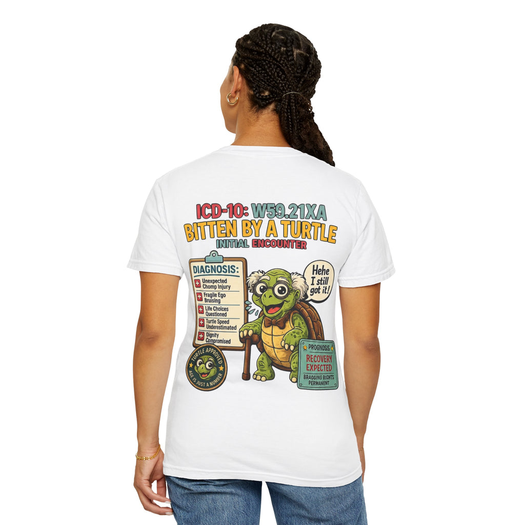 T-Shirt — 'Elopement Risk' Front & 'Bitten by a Turtle' Novelty Graphic Tee