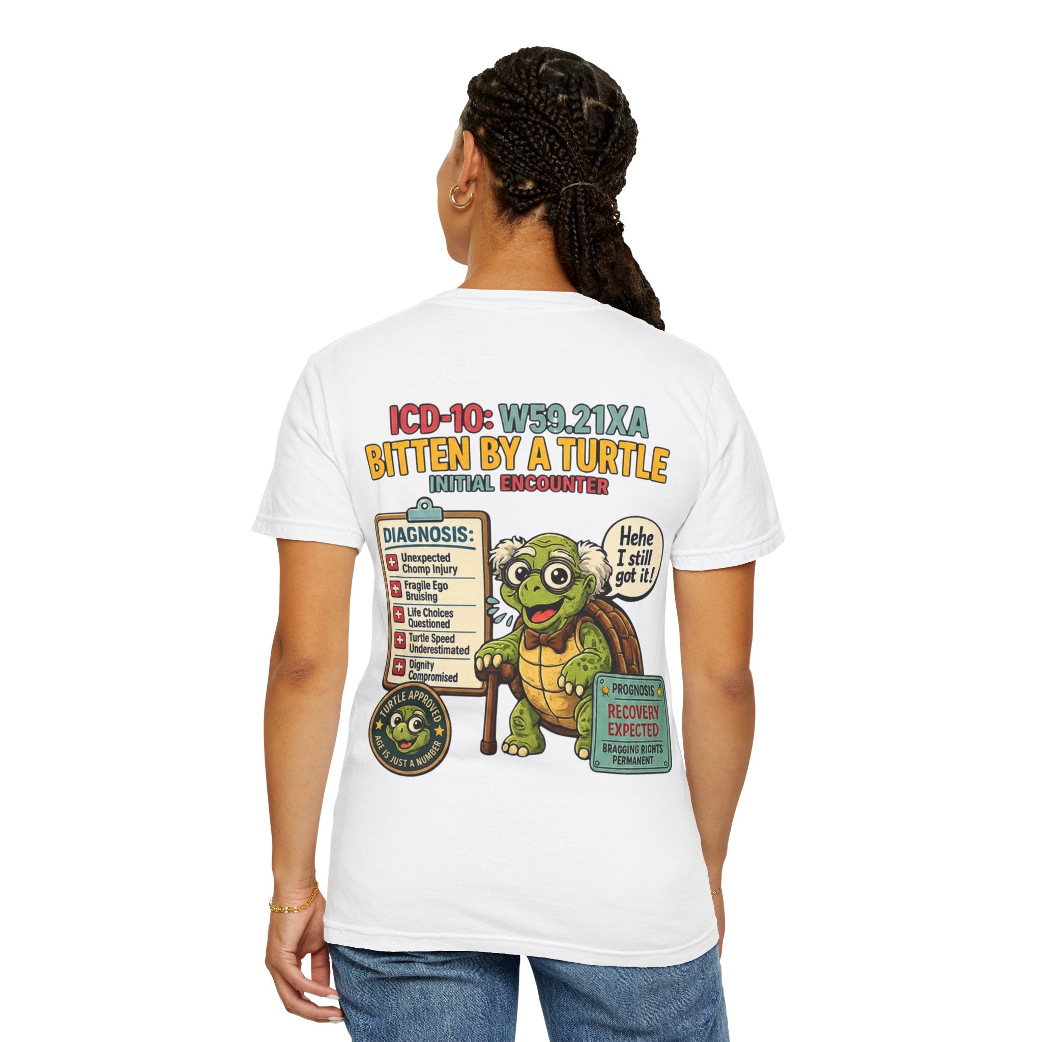 T-Shirt — 'Elopement Risk' Front & 'Bitten by a Turtle' Novelty Graphic Tee