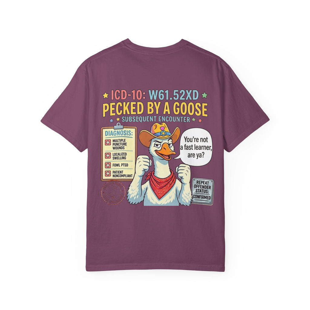 T-Shirt — “Elopement Risk / Pecked By A Goose” Funny Novelty Tee