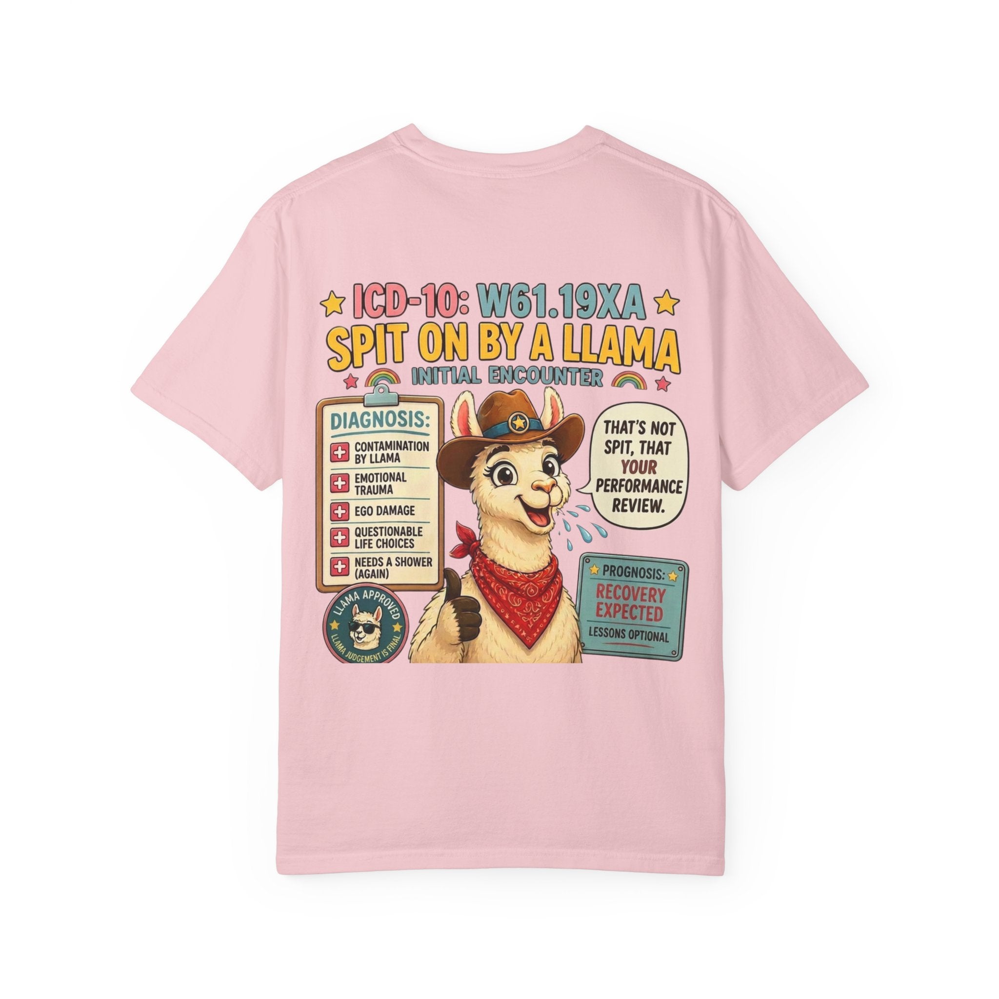 T-Shirt — Funny 'Spit On By A Llama' Novelty Tee (Elopement Risk Chest Logo)