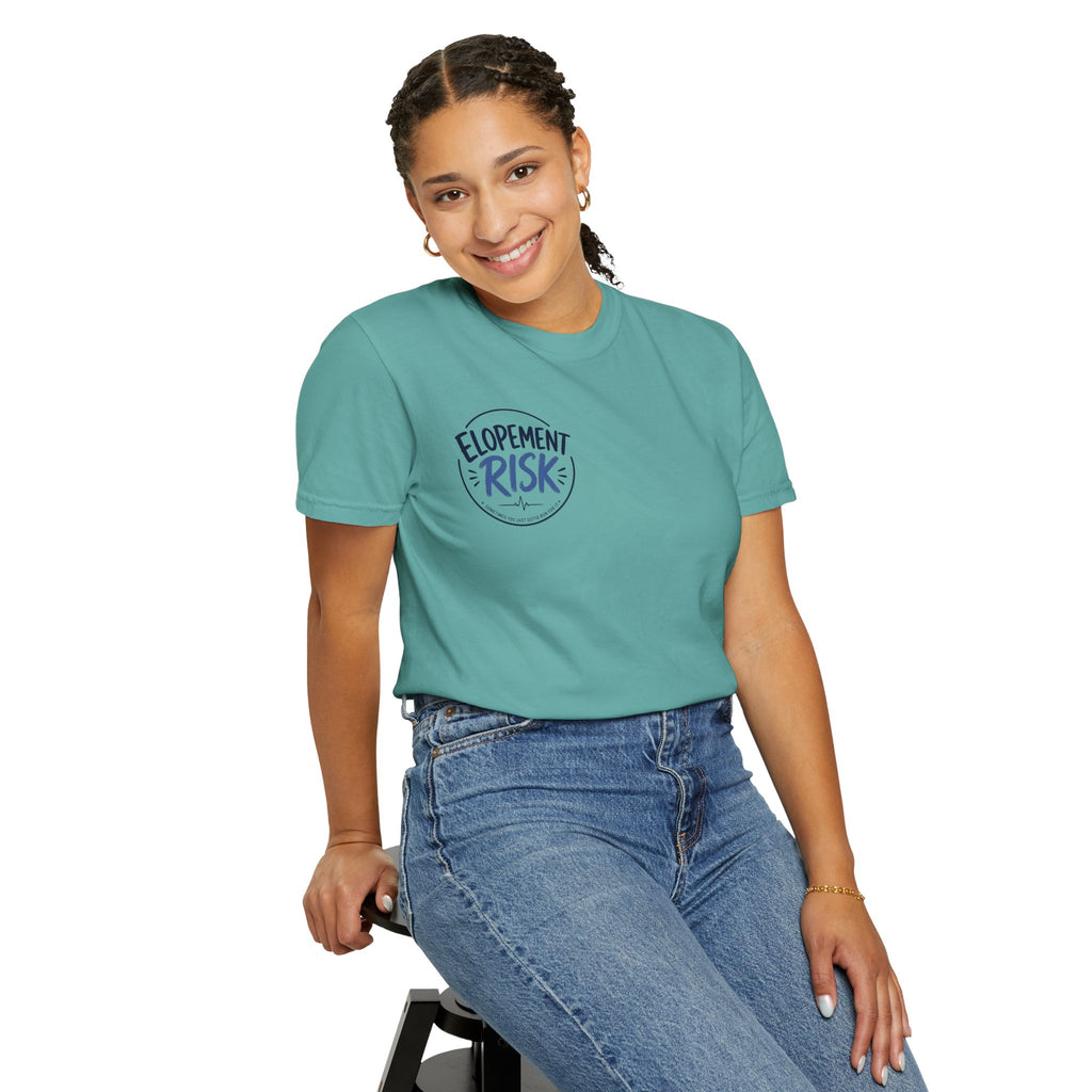 T-Shirt — Funny 'Spit On By A Llama' Novelty Tee (Elopement Risk Chest Logo)