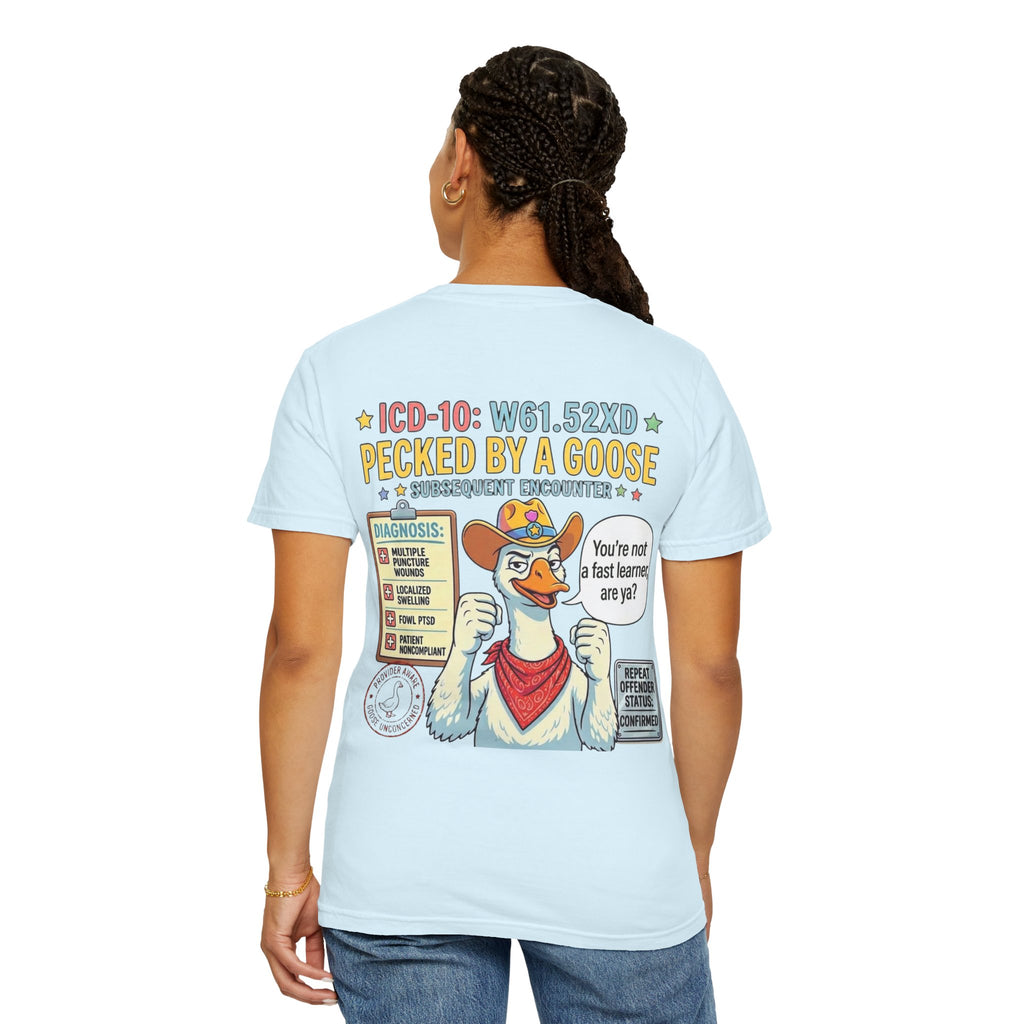 T-Shirt — “Elopement Risk / Pecked By A Goose” Funny Novelty Tee