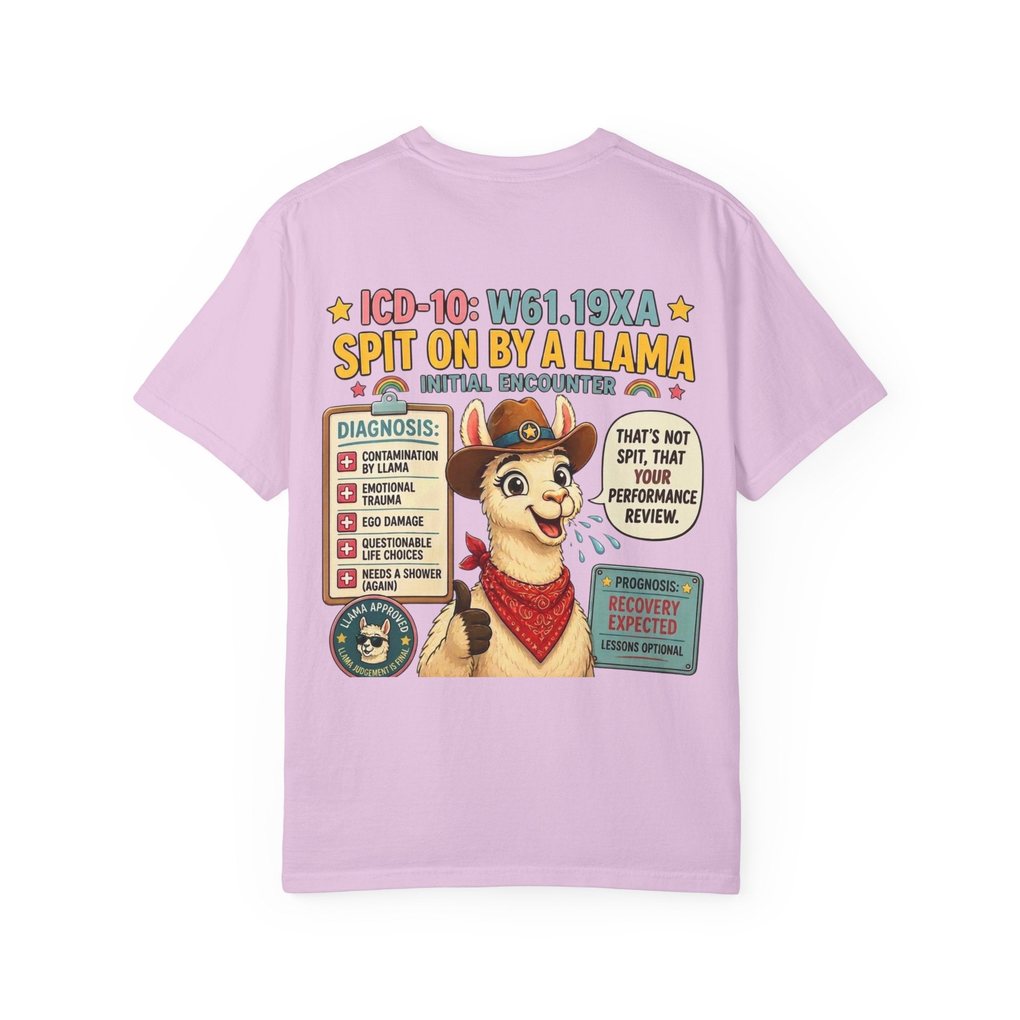 T-Shirt — Funny 'Spit On By A Llama' Novelty Tee (Elopement Risk Chest Logo)