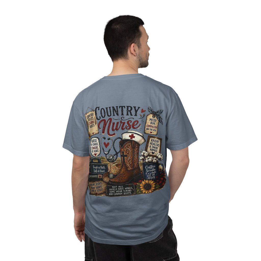 Country Nurse T-Shirt — Rustic Nursing Shirt with 'Elopement Risk' Pocket Badge