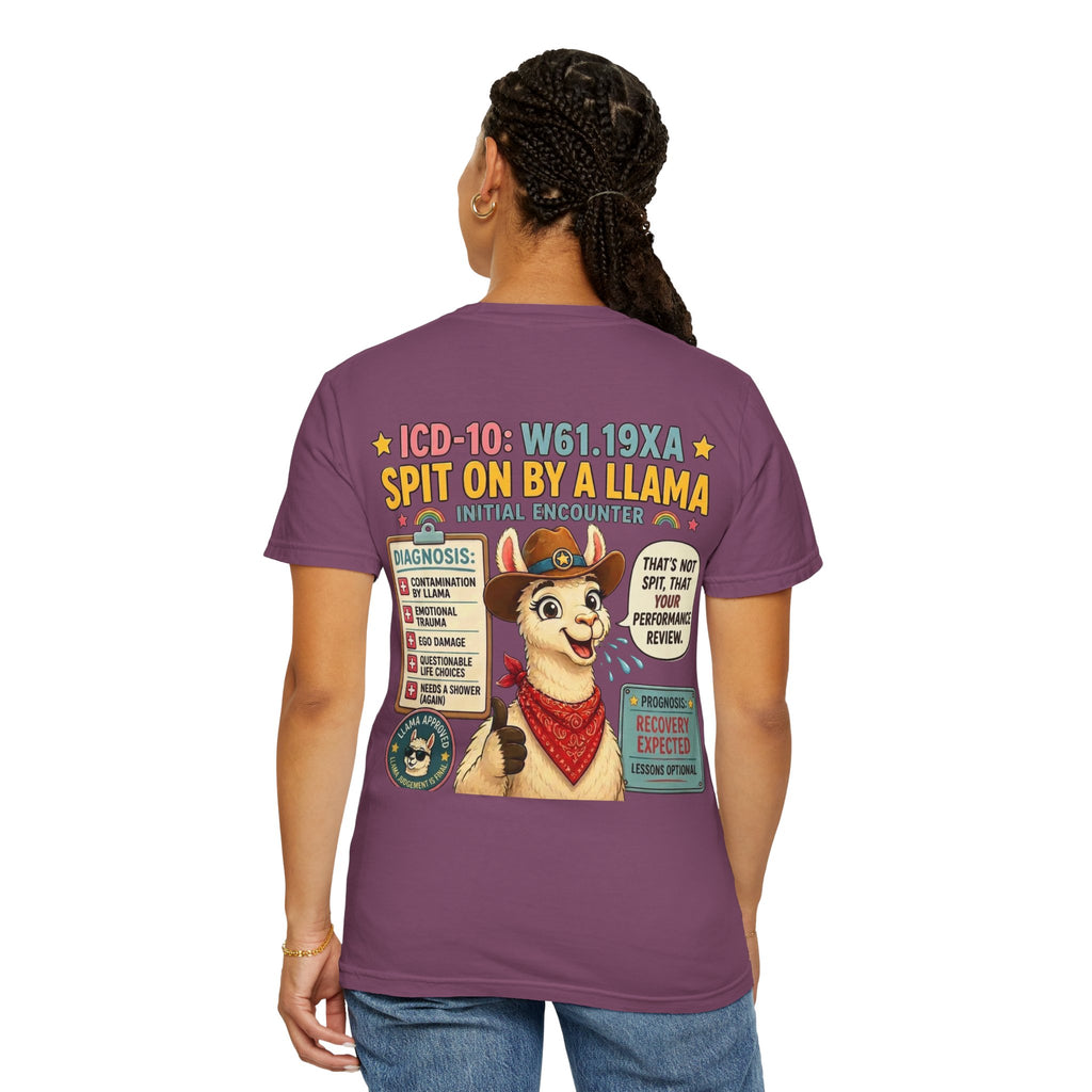 T-Shirt — Funny 'Spit On By A Llama' Novelty Tee (Elopement Risk Chest Logo)