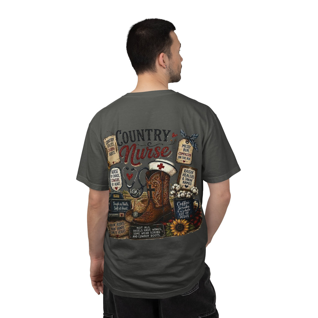 Country Nurse T-Shirt — Rustic Nursing Shirt with 'Elopement Risk' Pocket Badge