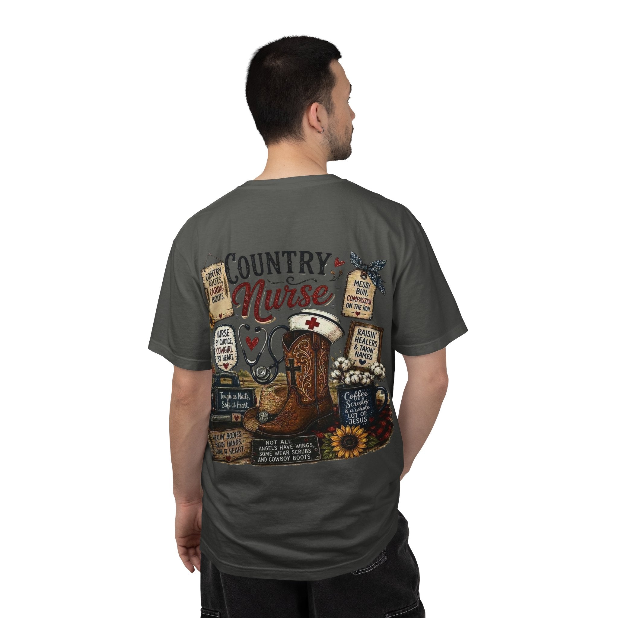 Country Nurse T-Shirt — Rustic Nursing Shirt with 'Elopement Risk' Pocket Badge