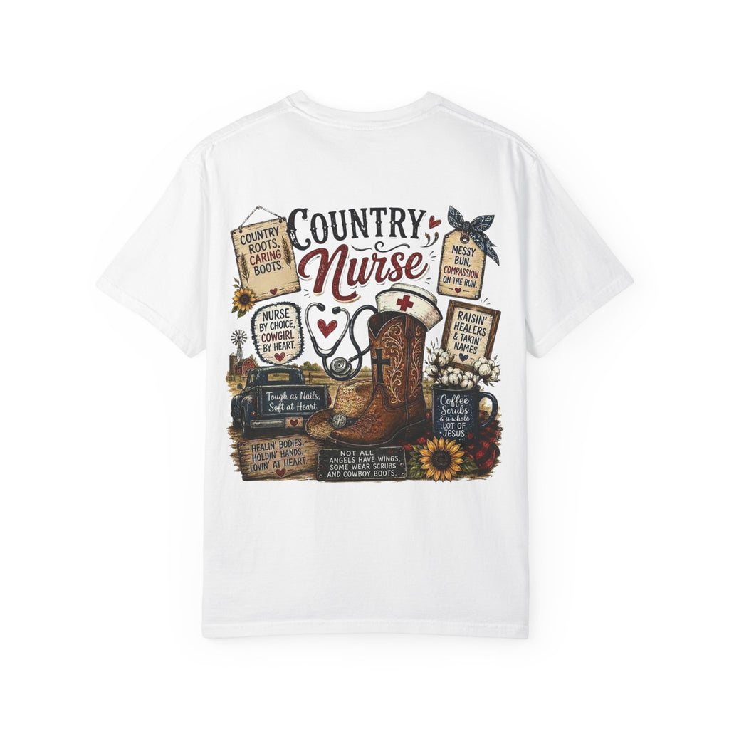 Country Nurse T-Shirt — Rustic Nursing Shirt with 'Elopement Risk' Pocket Badge