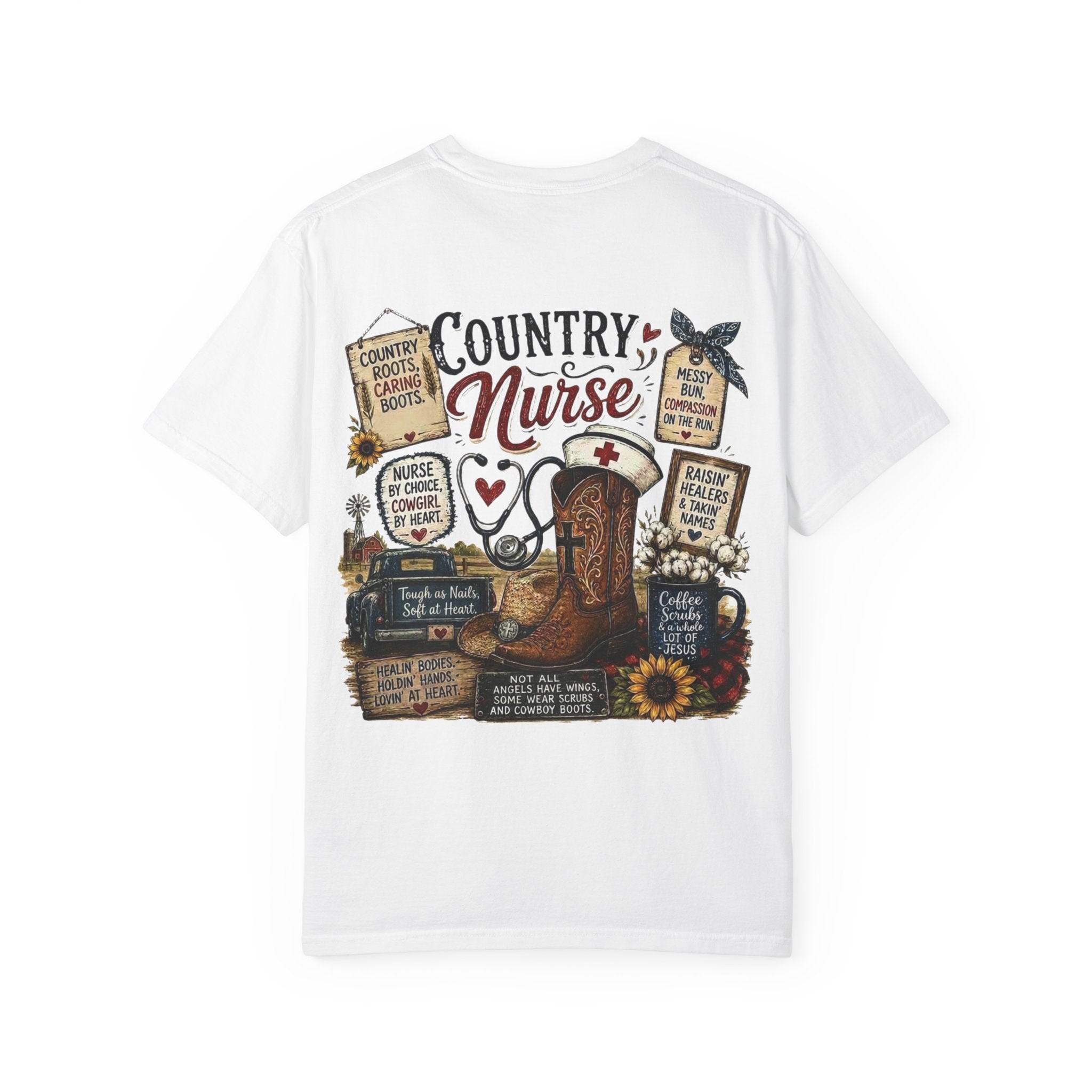 Country Nurse T-Shirt — Rustic Nursing Shirt with 'Elopement Risk' Pocket Badge