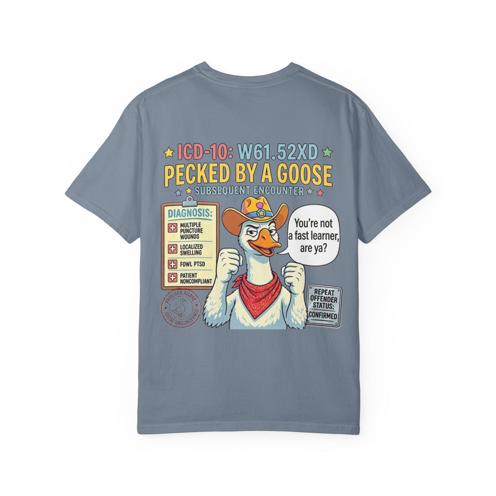 T-Shirt — “Elopement Risk / Pecked By A Goose” Funny Novelty Tee