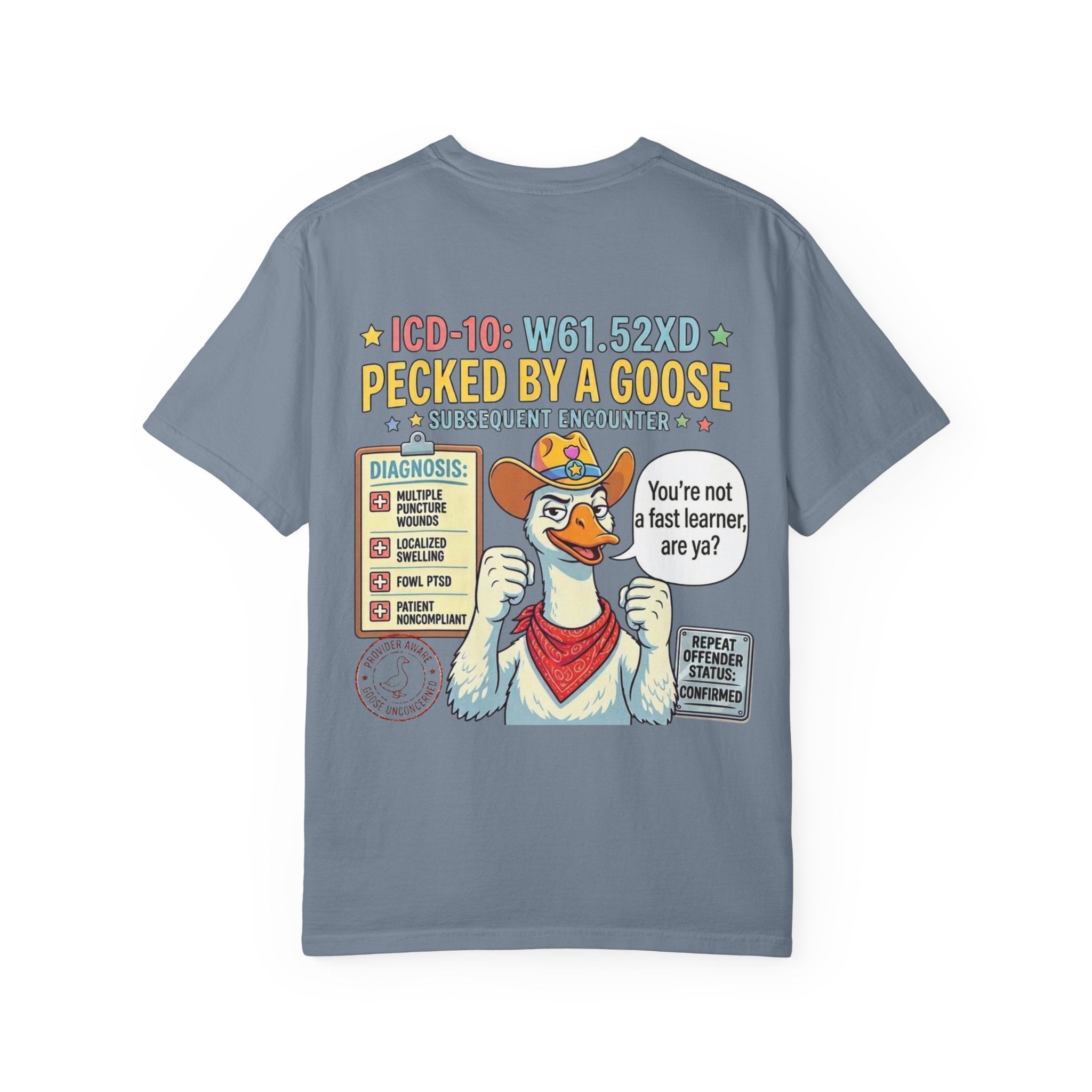 T-Shirt — “Elopement Risk / Pecked By A Goose” Funny Novelty Tee