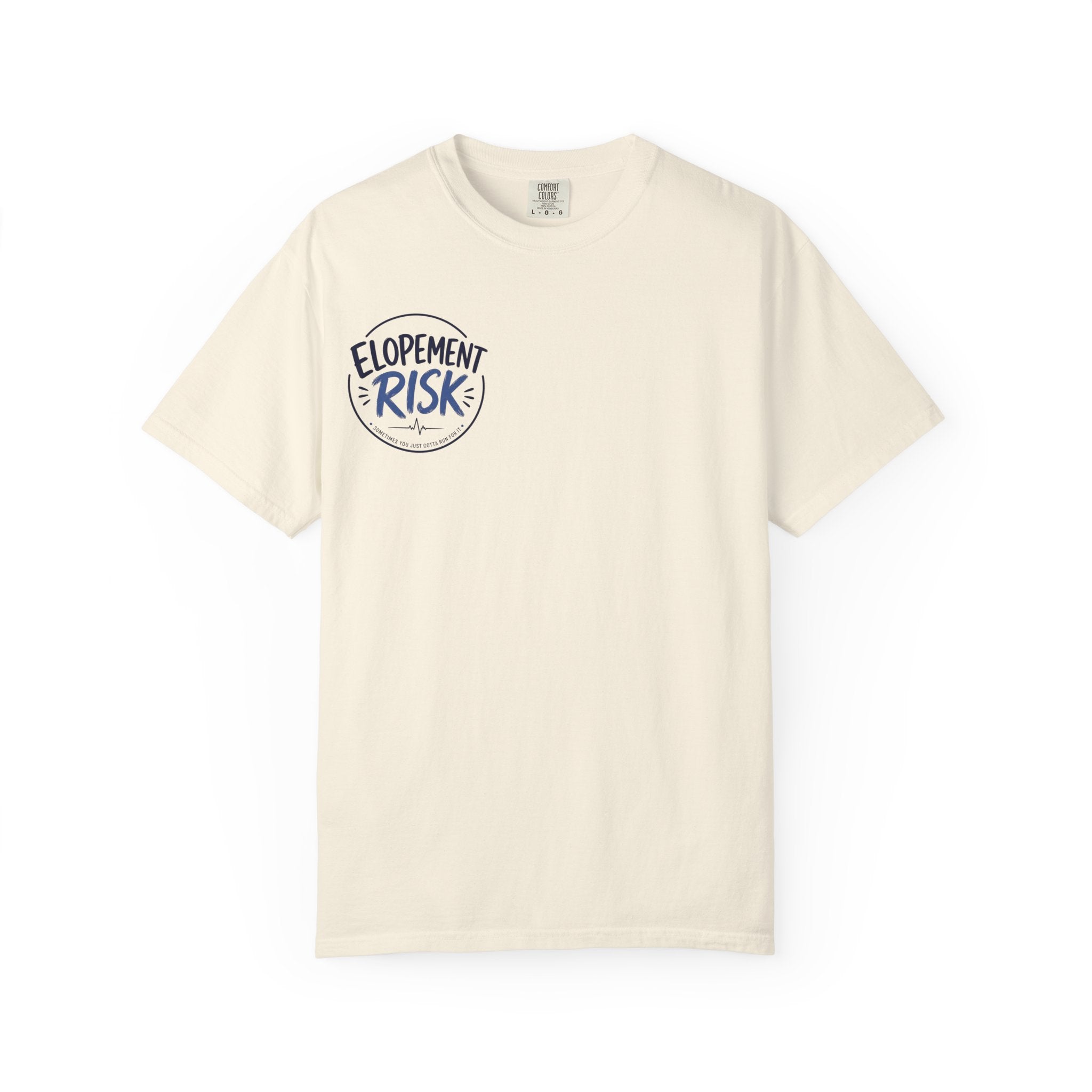 T-Shirt — Funny 'Spit On By A Llama' Novelty Tee (Elopement Risk Chest Logo)