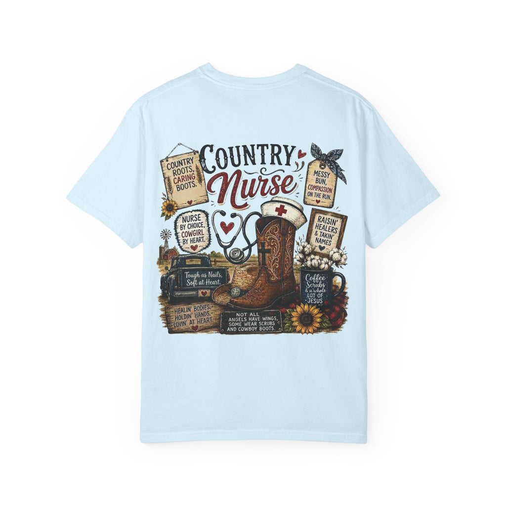 Country Nurse T-Shirt — Rustic Nursing Shirt with 'Elopement Risk' Pocket Badge