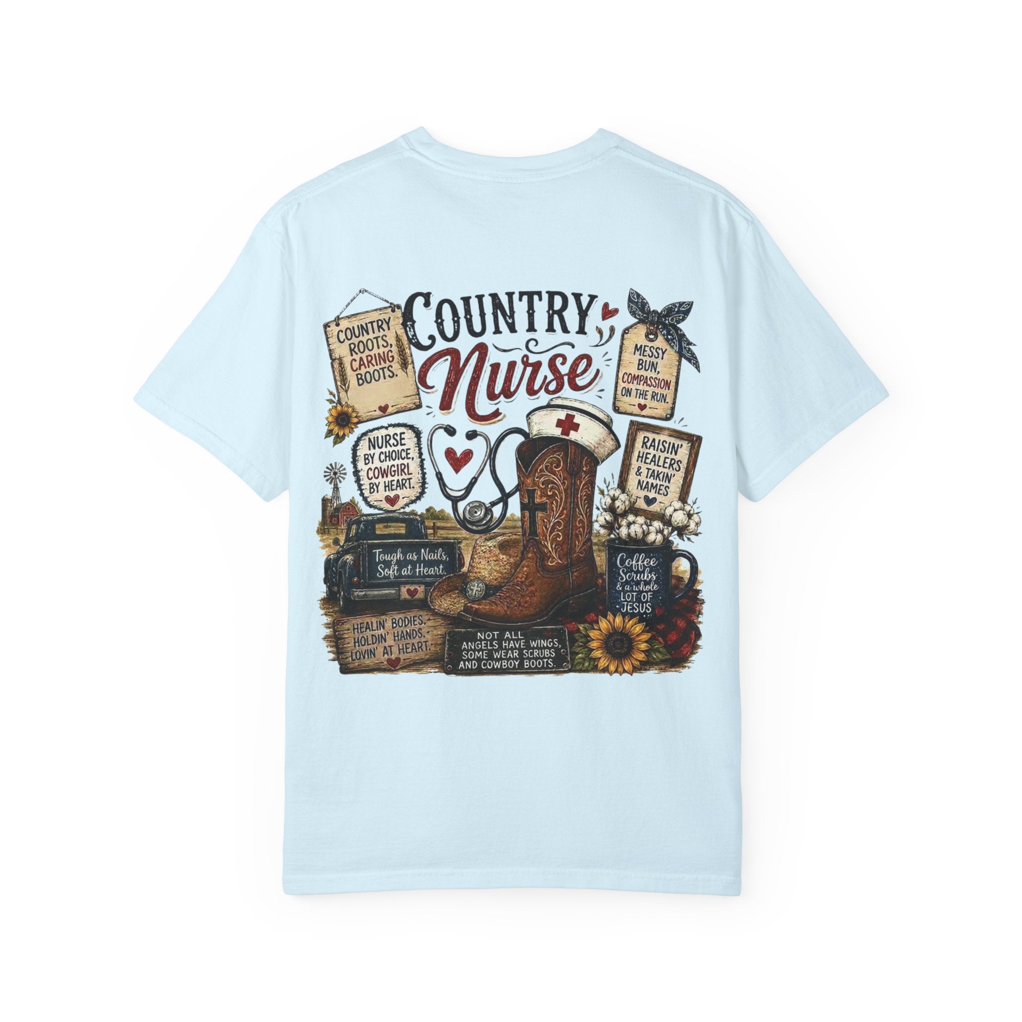 Country Nurse T-Shirt — Rustic Nursing Shirt with 'Elopement Risk' Pocket Badge