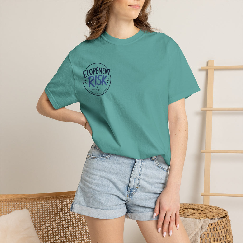 T-Shirt — Funny 'Spit On By A Llama' Novelty Tee (Elopement Risk Chest Logo)