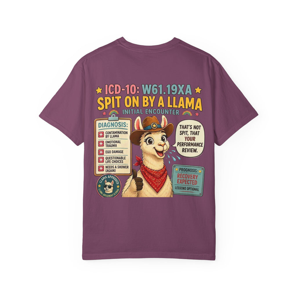 T-Shirt — Funny 'Spit On By A Llama' Novelty Tee (Elopement Risk Chest Logo)