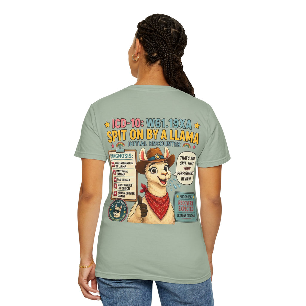 T-Shirt — Funny 'Spit On By A Llama' Novelty Tee (Elopement Risk Chest Logo)