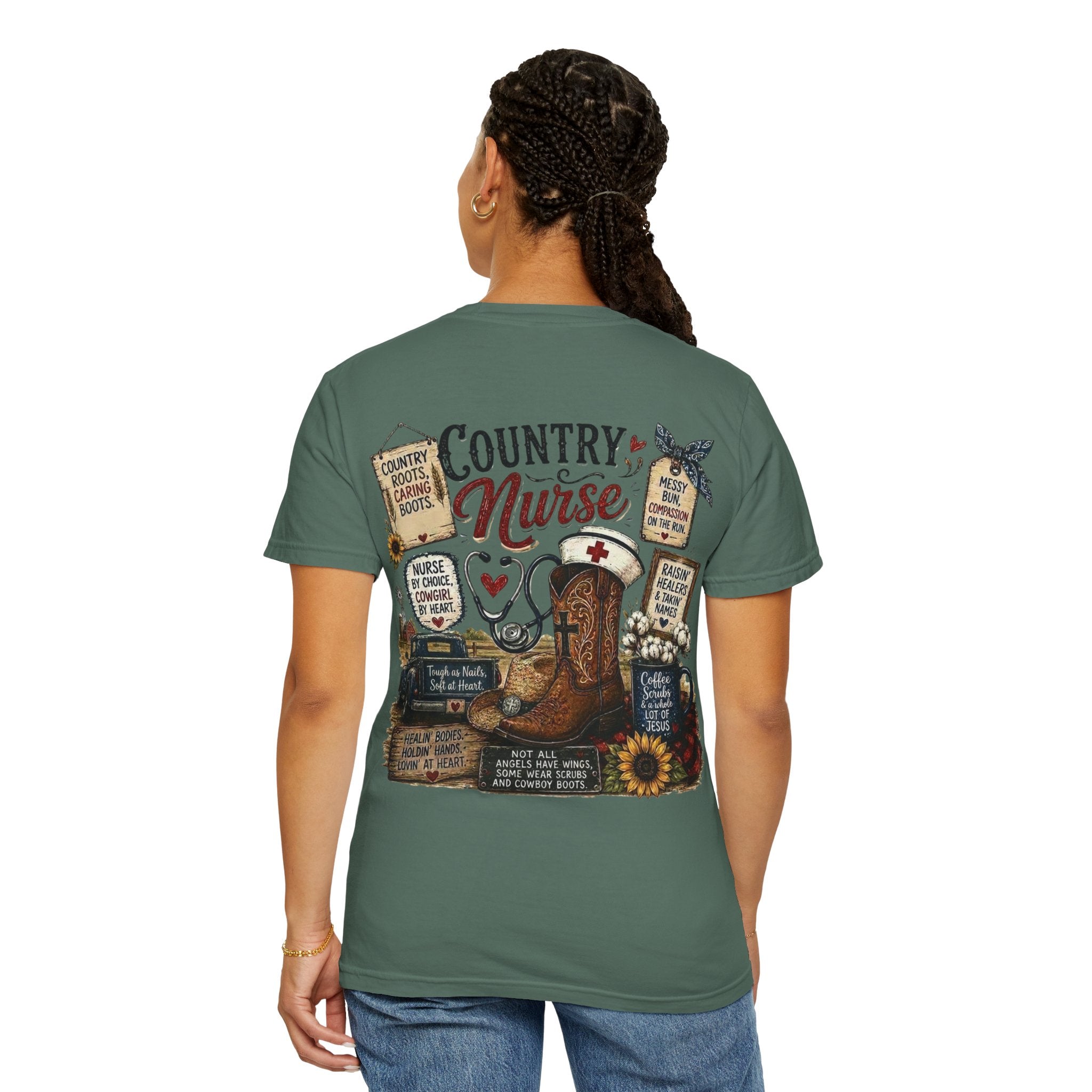 Country Nurse T-Shirt — Rustic Nursing Shirt with 'Elopement Risk' Pocket Badge