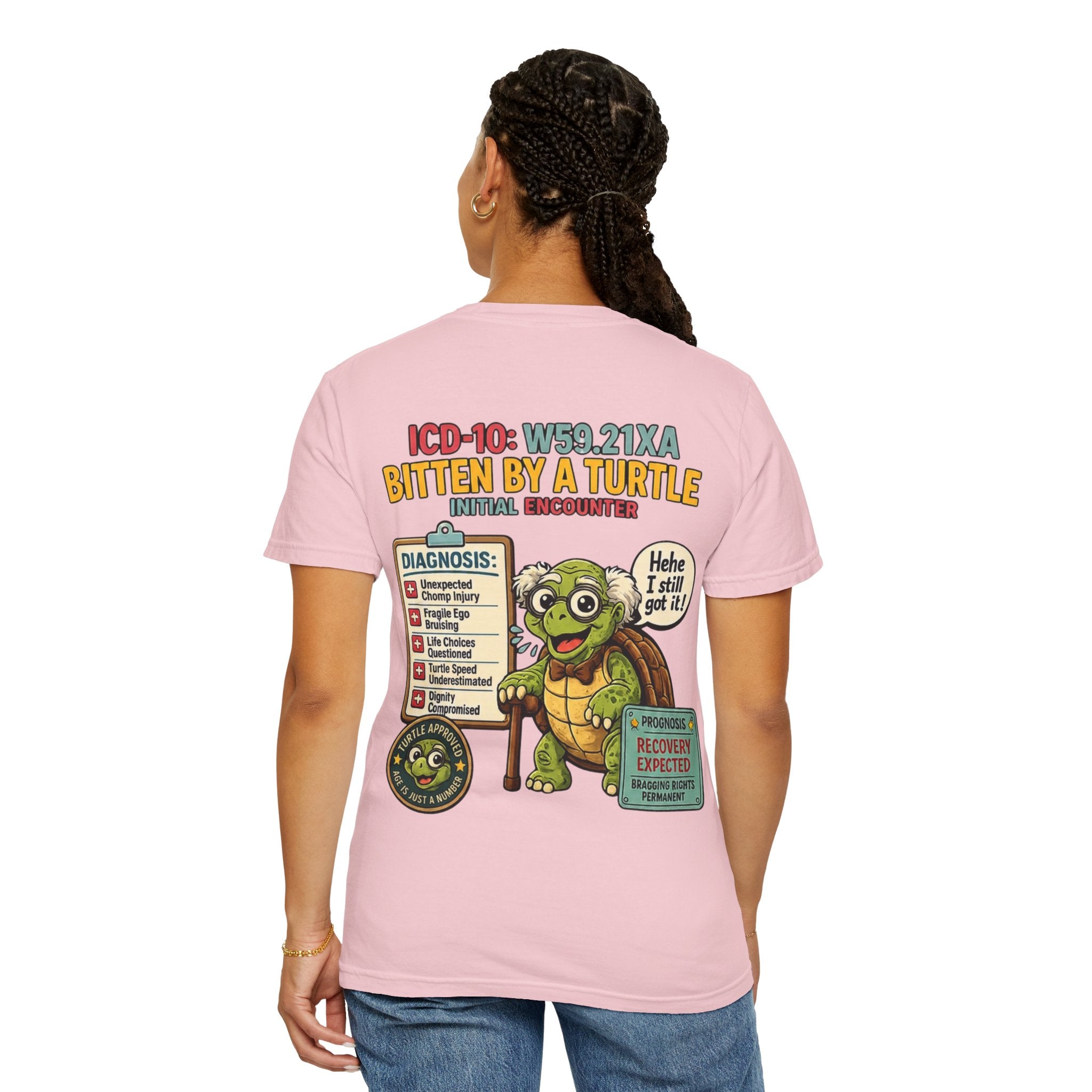 T-Shirt — 'Elopement Risk' Front & 'Bitten by a Turtle' Novelty Graphic Tee
