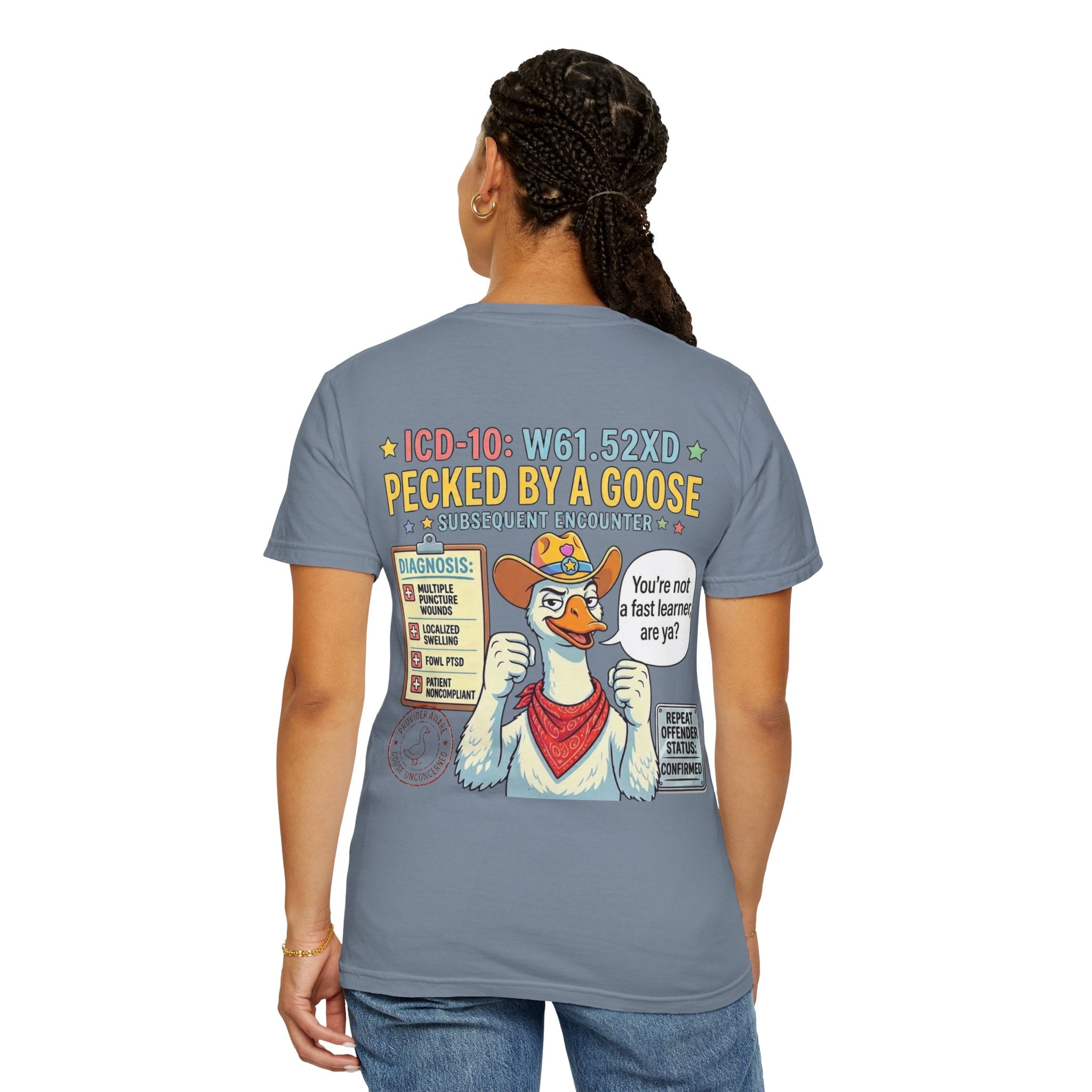 T-Shirt — “Elopement Risk / Pecked By A Goose” Funny Novelty Tee