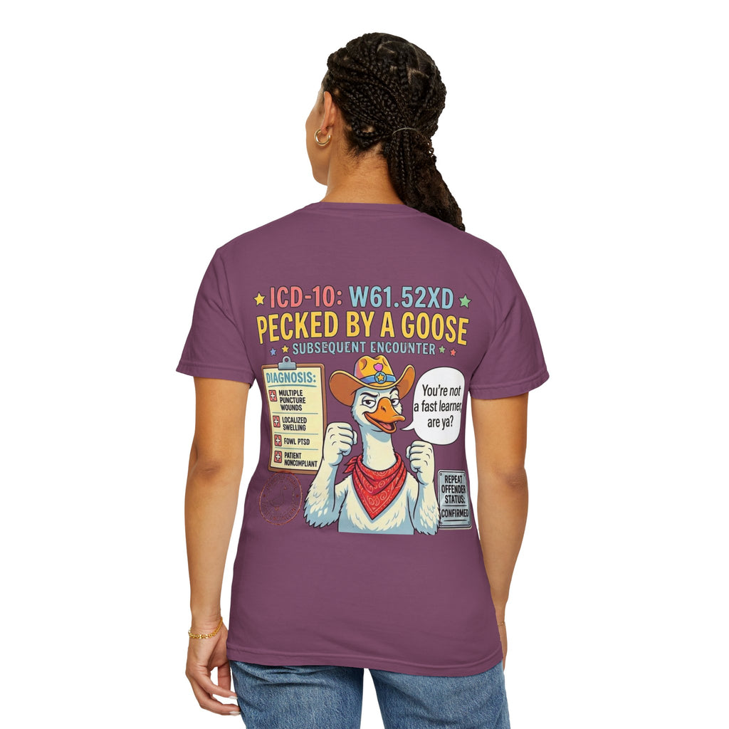 T-Shirt — “Elopement Risk / Pecked By A Goose” Funny Novelty Tee