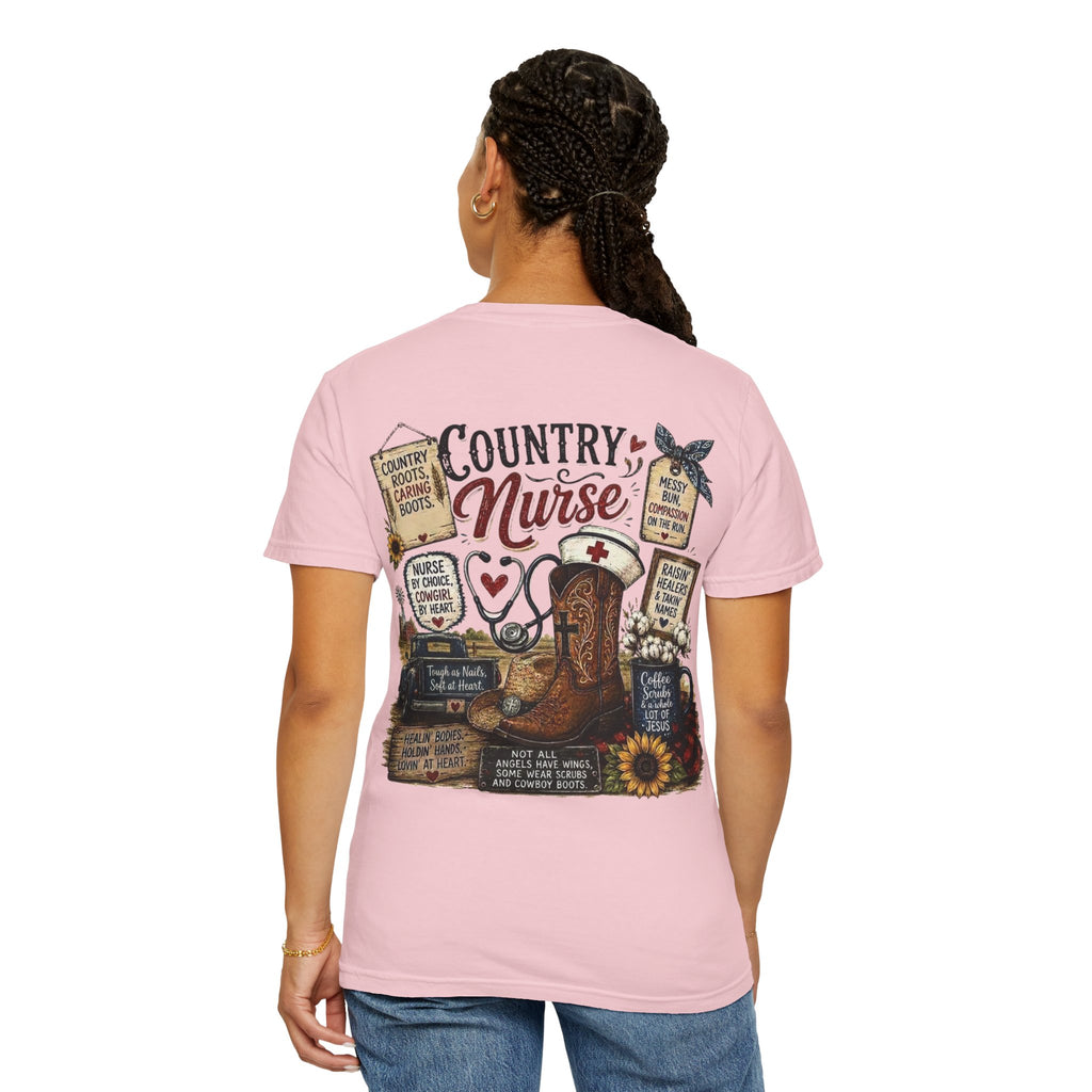 Country Nurse T-Shirt — Rustic Nursing Shirt with 'Elopement Risk' Pocket Badge