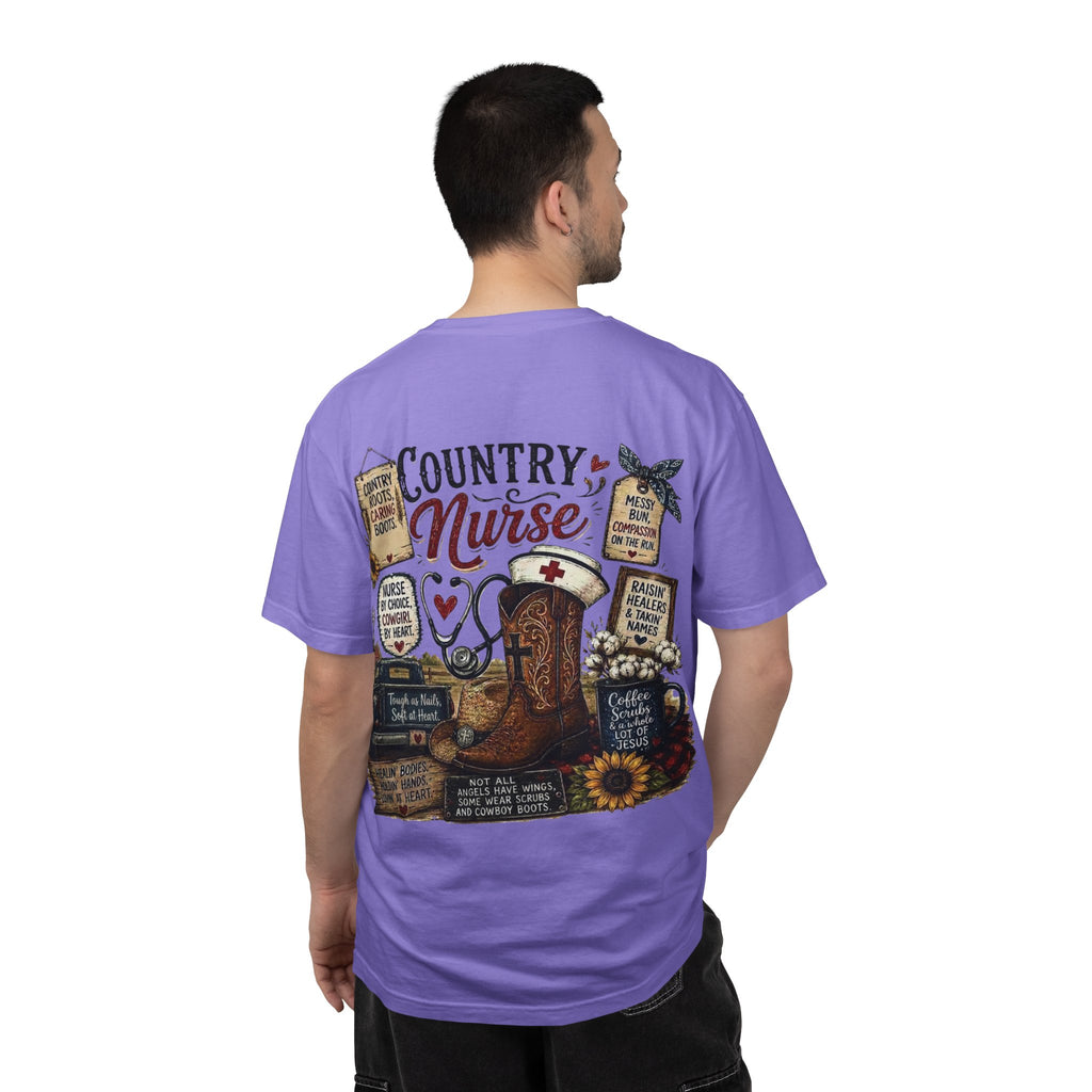 Country Nurse T-Shirt — Rustic Nursing Shirt with 'Elopement Risk' Pocket Badge
